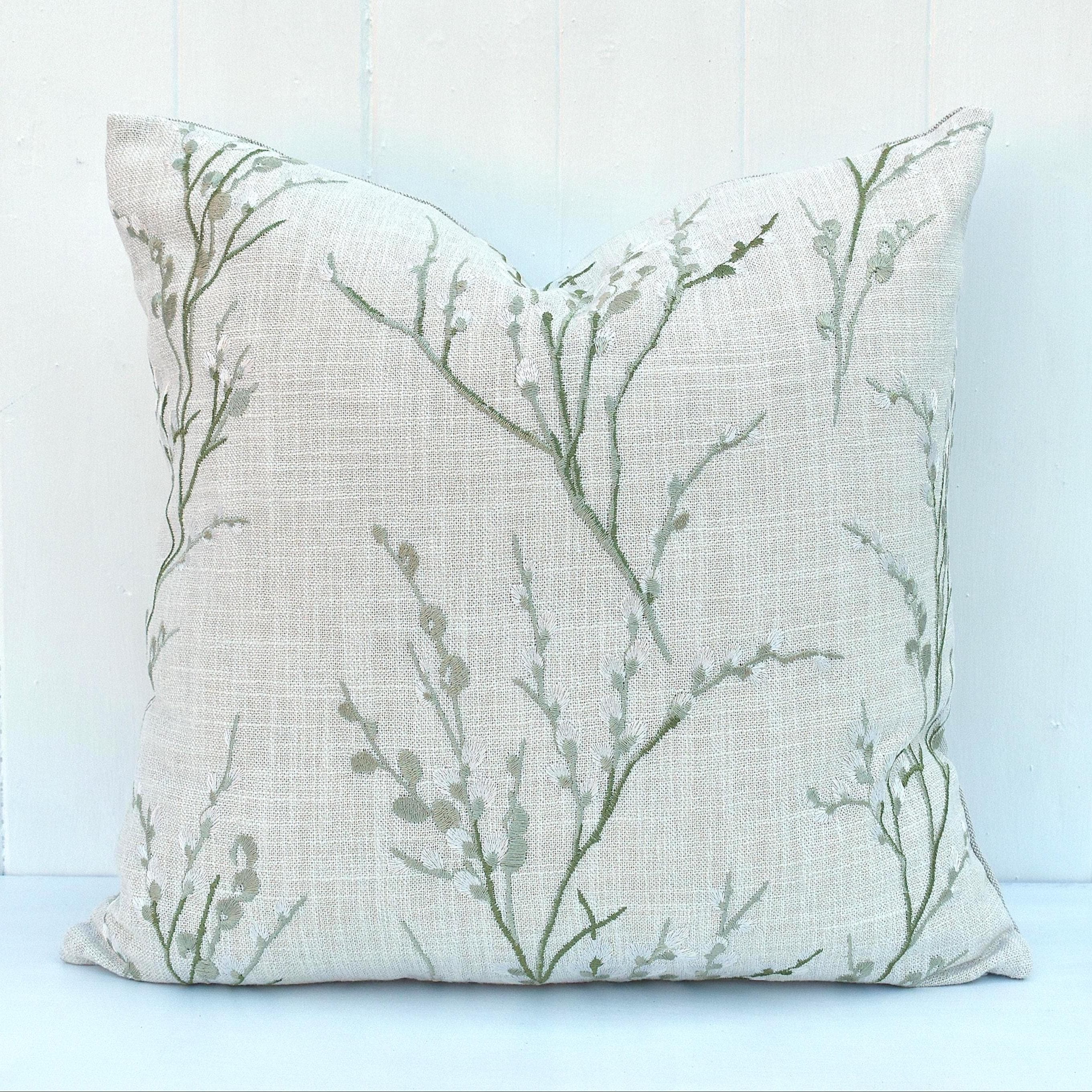 Laura Ashley Pussy Willow Cushion, Handmade in Embroidered Green Floral Hedgerow,16"