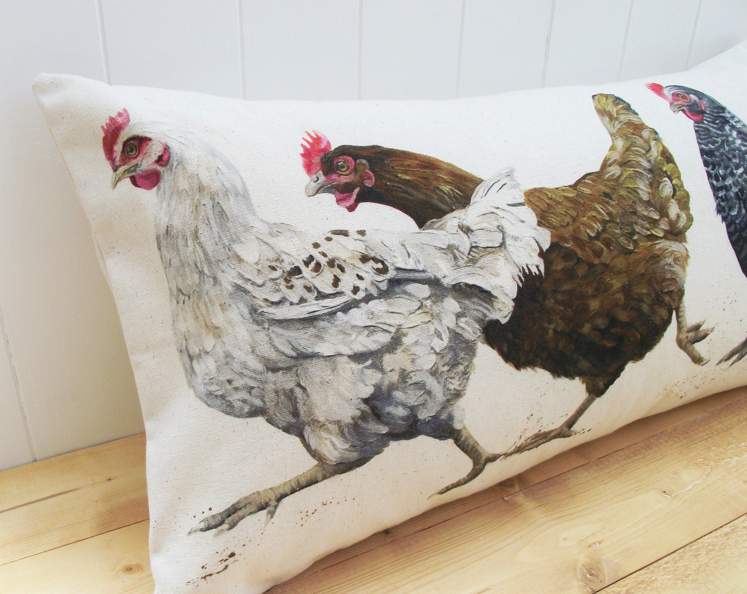 Chicken Run Rustic Cushion, Wendy Darker Art Print on Organic Cotton Fabric, Handmade Cushion with Zip Fastening.