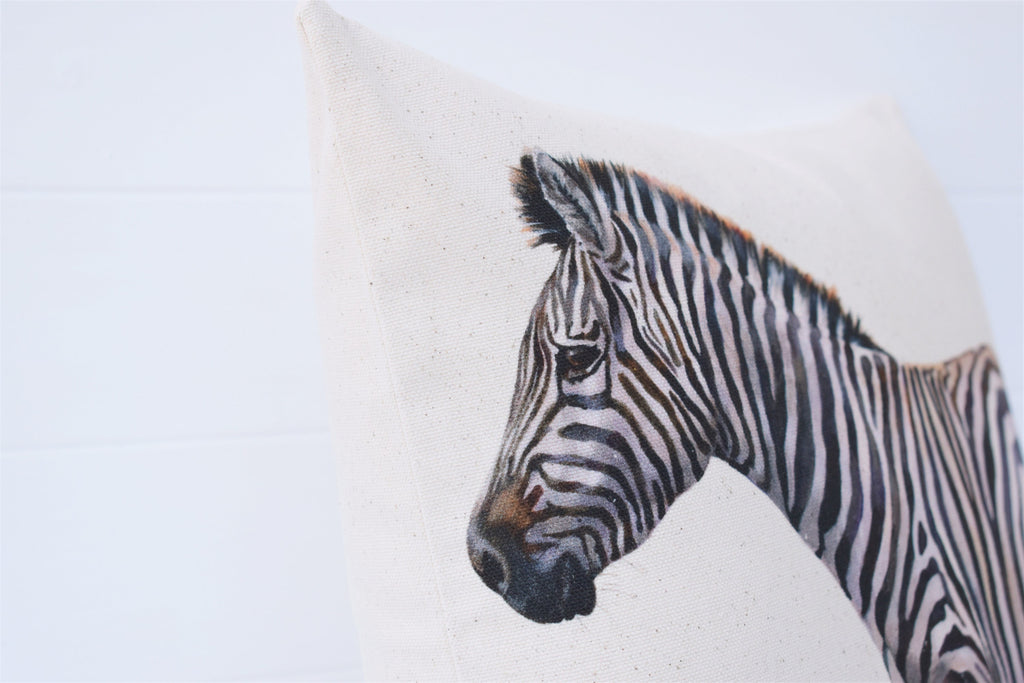 Zebra Art Print Cushion: African Animals Organic Cotton, Wendy Darker, Choice of Cover only or Cover with Pad