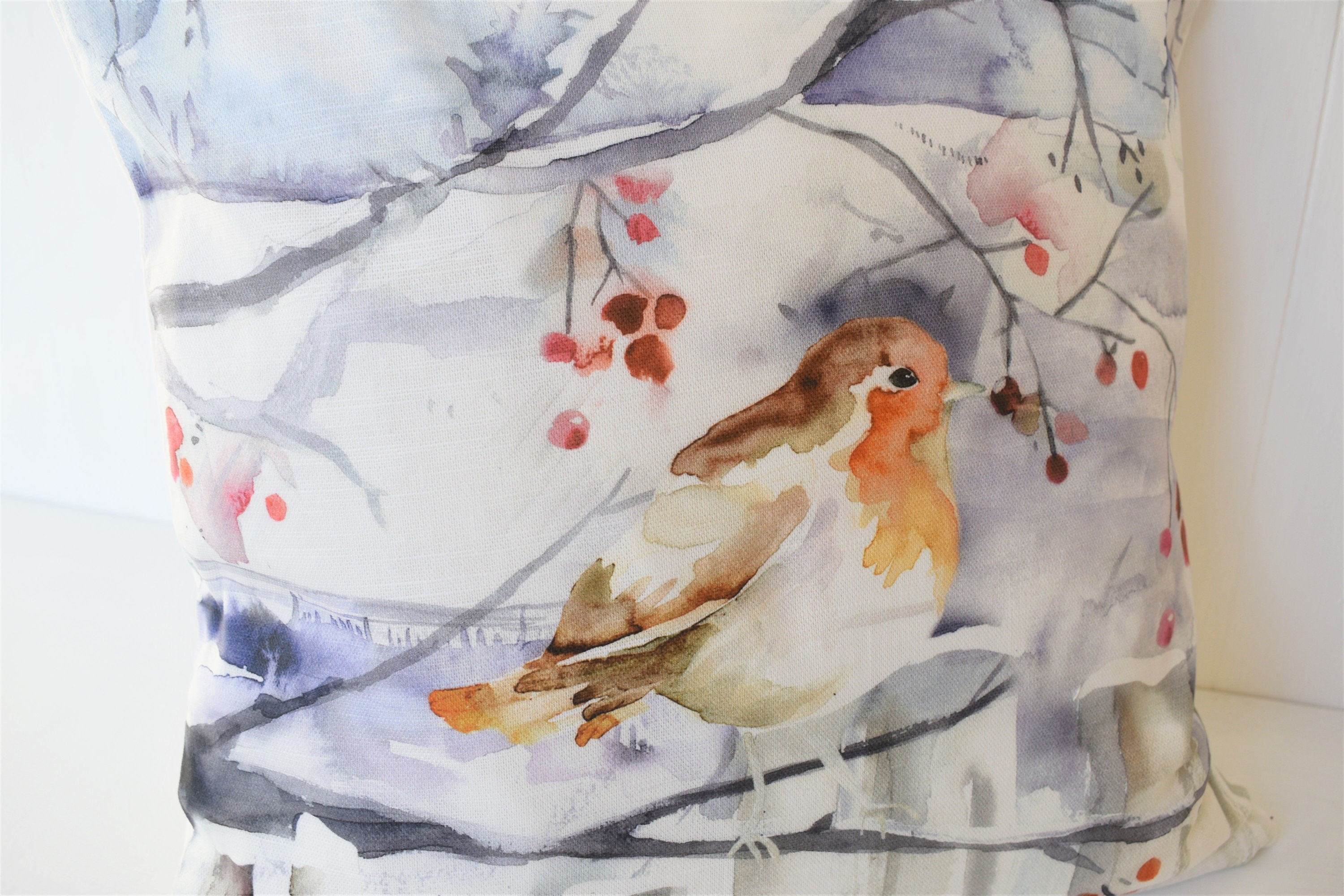 Handmade Winter Robin Cushion: Voyage Maison Watercolor Print, Laura Ashley Back