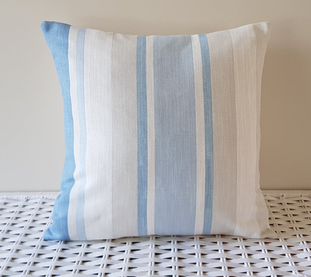 Handmade Laura Ashley Awning Stripe Seaspray Cushion : 15” Blue Stripes Pillow with Zip Fastening