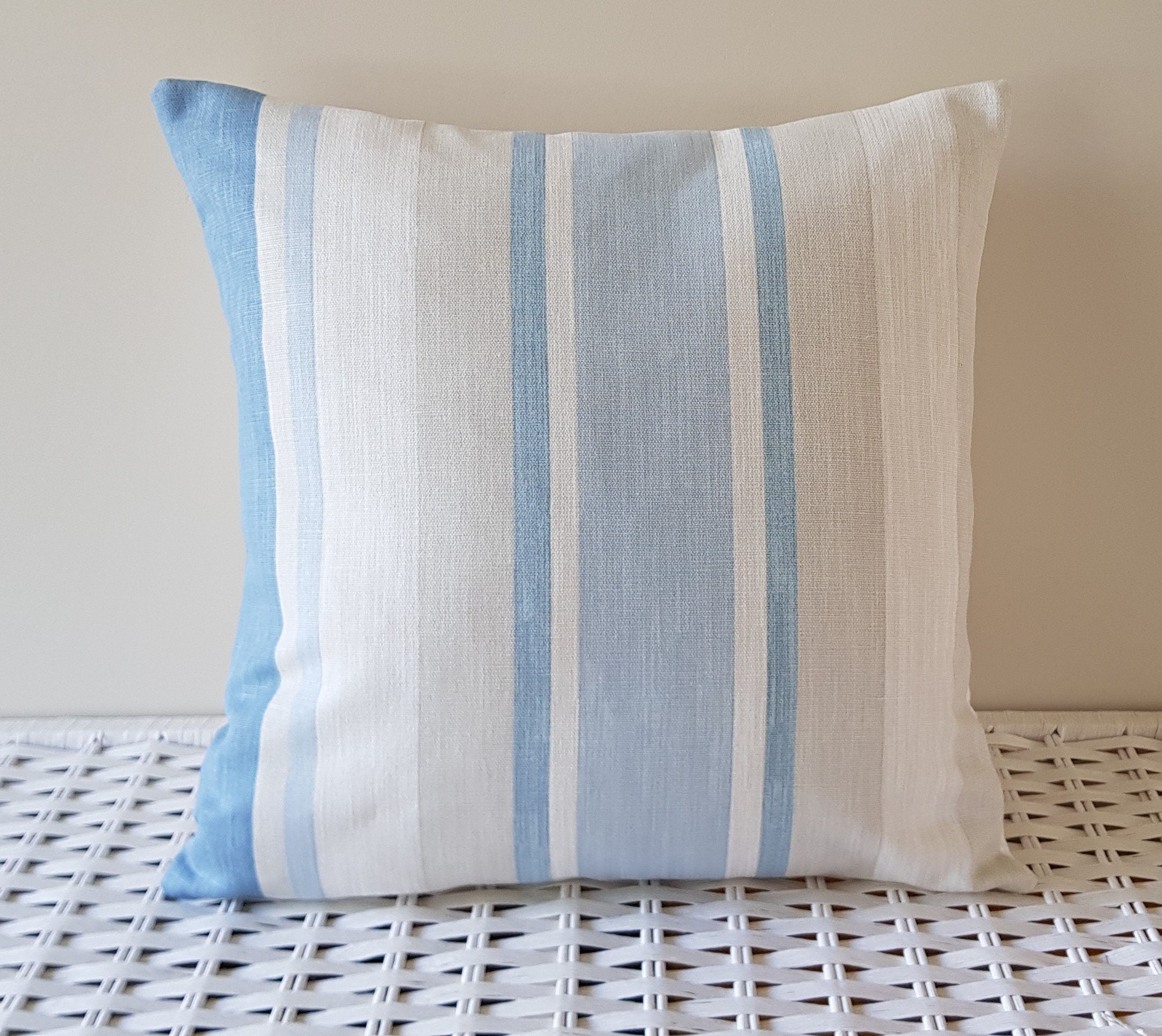Handmade Laura Ashley Awning Stripe Seaspray Cushion : 15” Blue Stripes Pillow with Zip Fastening