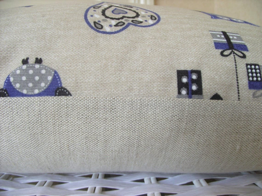 Owls Blue Cushion backed in Laura  Ashley Austen Natural fabric with Zip Fastening