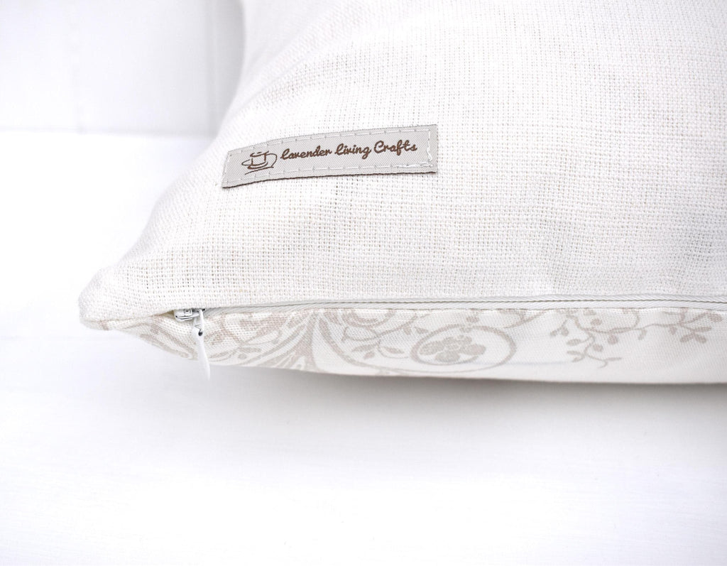 Handmade Laura Ashley Cushion, Josette Dark Linen, Austen Off White Back