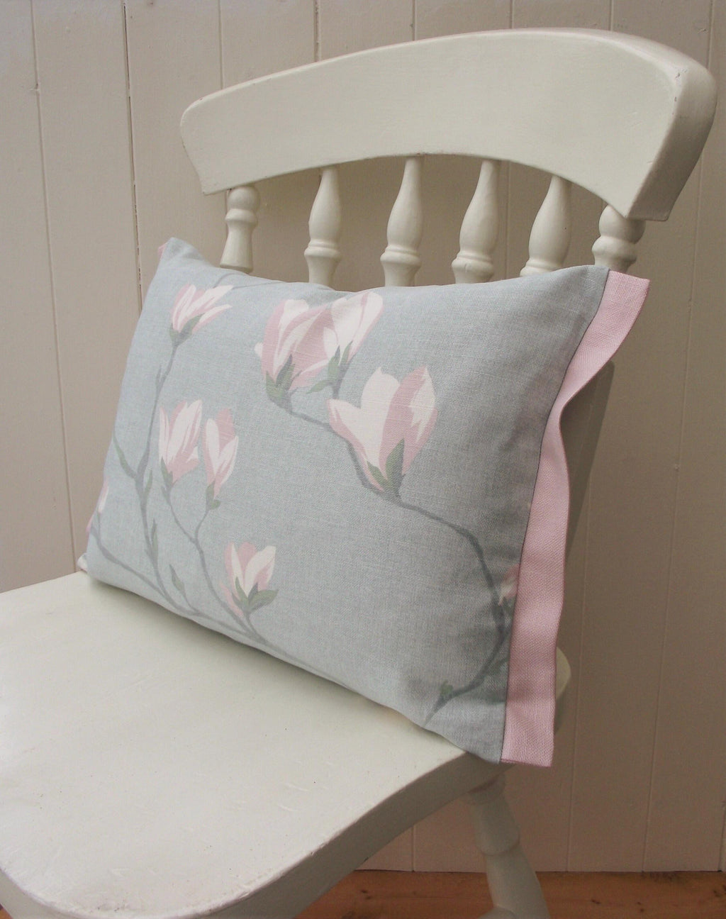 Laura Ashley Magnolia Grove Duck Egg Cushion, Handmade with Pink Edging