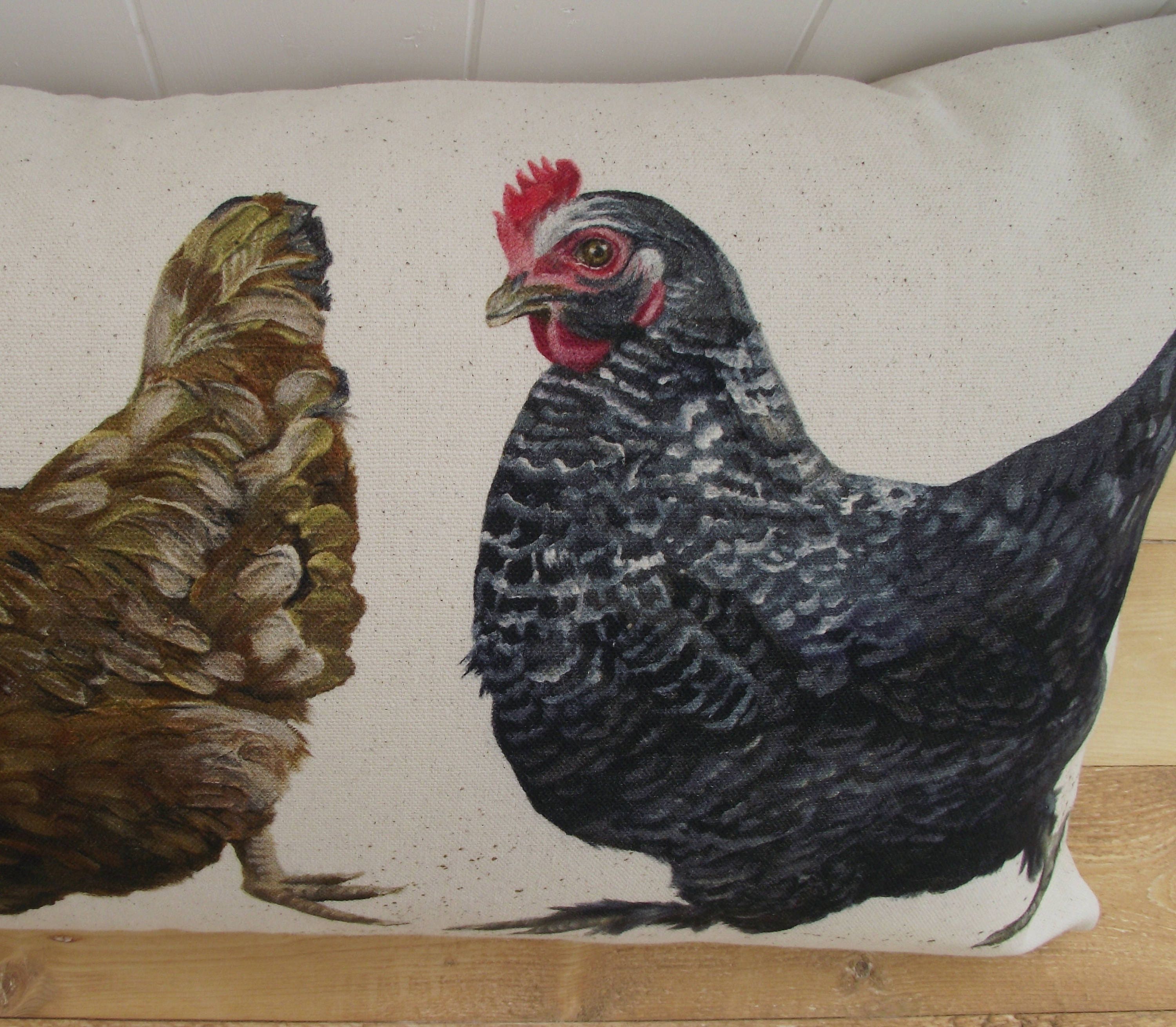 Chicken Run Rustic Cushion, Wendy Darker Art Print on Organic Cotton Fabric, Handmade Cushion with Zip Fastening.