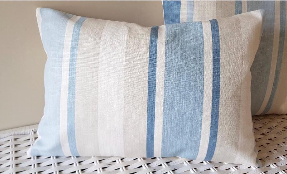 Laura Ashley Awning Stripe Seaspray Blue Cushion : Handmade with Zip Fastening