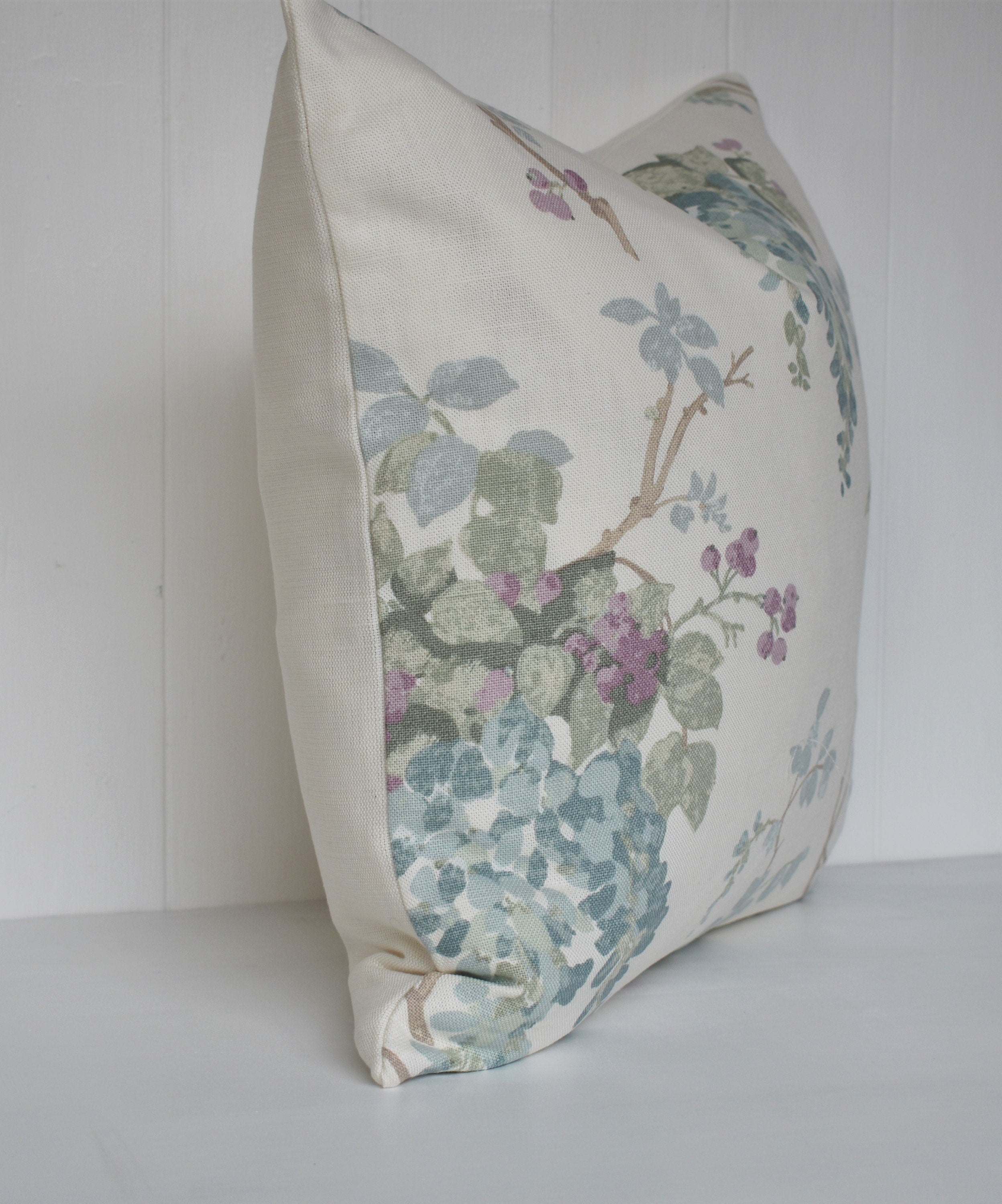 Laura Ashley Duck Egg Wisteria Cushion, backed with Laura Ashley Austen Off White, 16” Handmade with a Zip Fastening