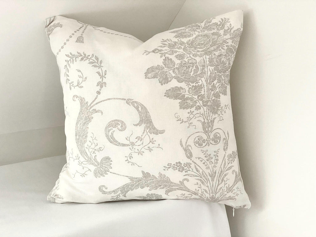 Laura Ashley Josette Dove Grey Off White Cushion, backed with Laura Ashley Austen Off White. Handmade with Zip Fastening.