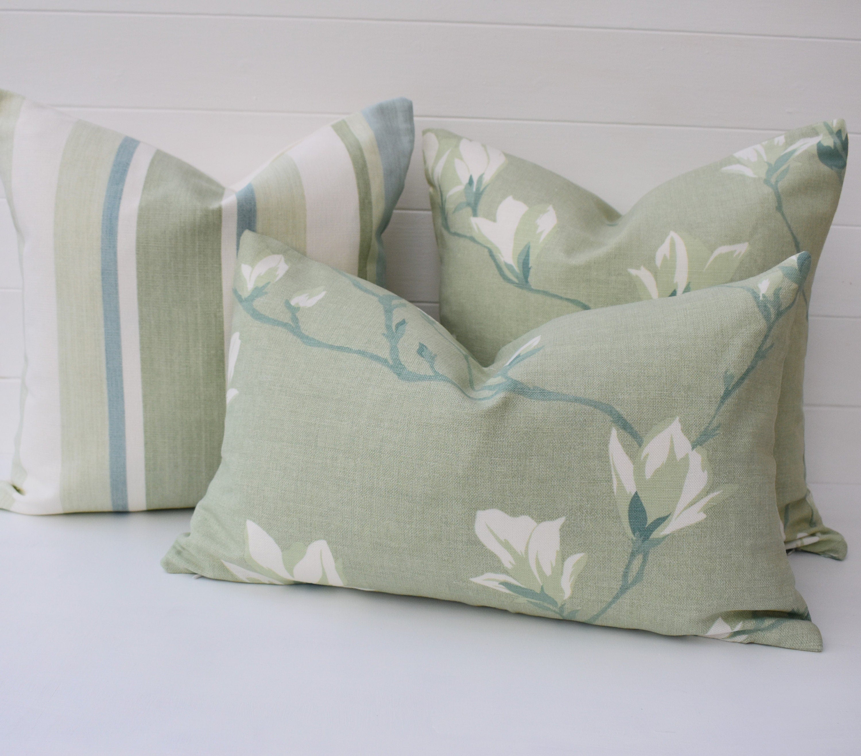 Handmade Laura Ashley Magnolia Grove Cushion : Hedgerow Green / Sage on both sides with Zip Closure 16"