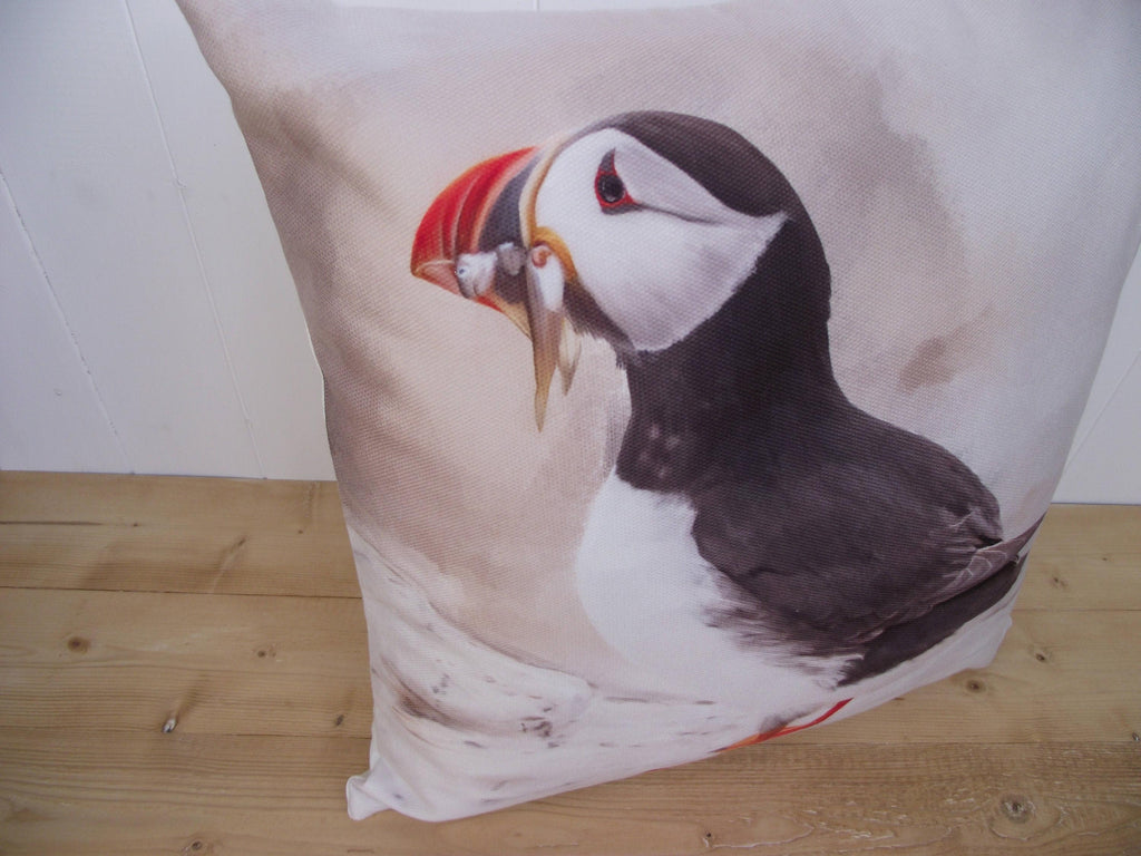 Puffin Bird Cushion: Handmade Coastal Pillow, Cover Only or Cover + Pad
