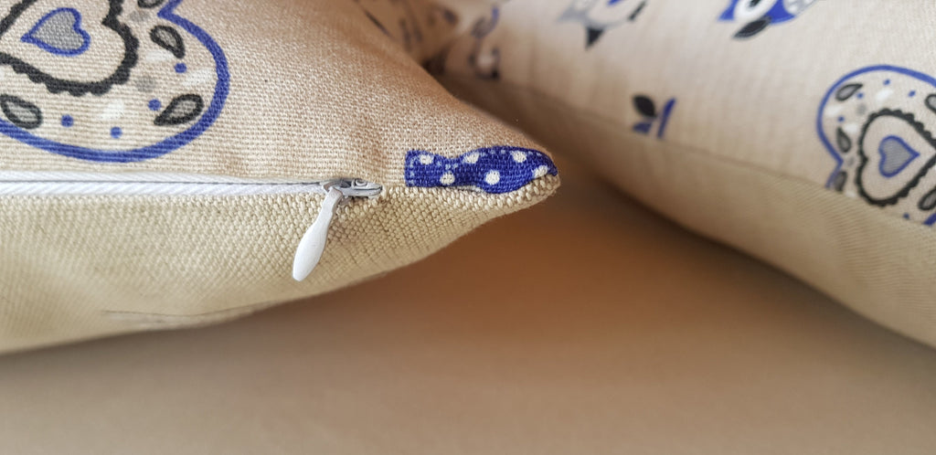 Owls Blue Cushion backed in Laura  Ashley Austen Natural fabric with Zip Fastening
