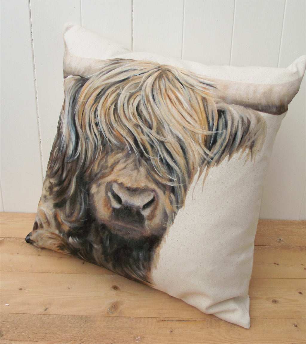 Highland Cow Art Print Cushion: Organic Cotton Wendy Darker Artwork, Choice of Cover Only or Cover + Pad