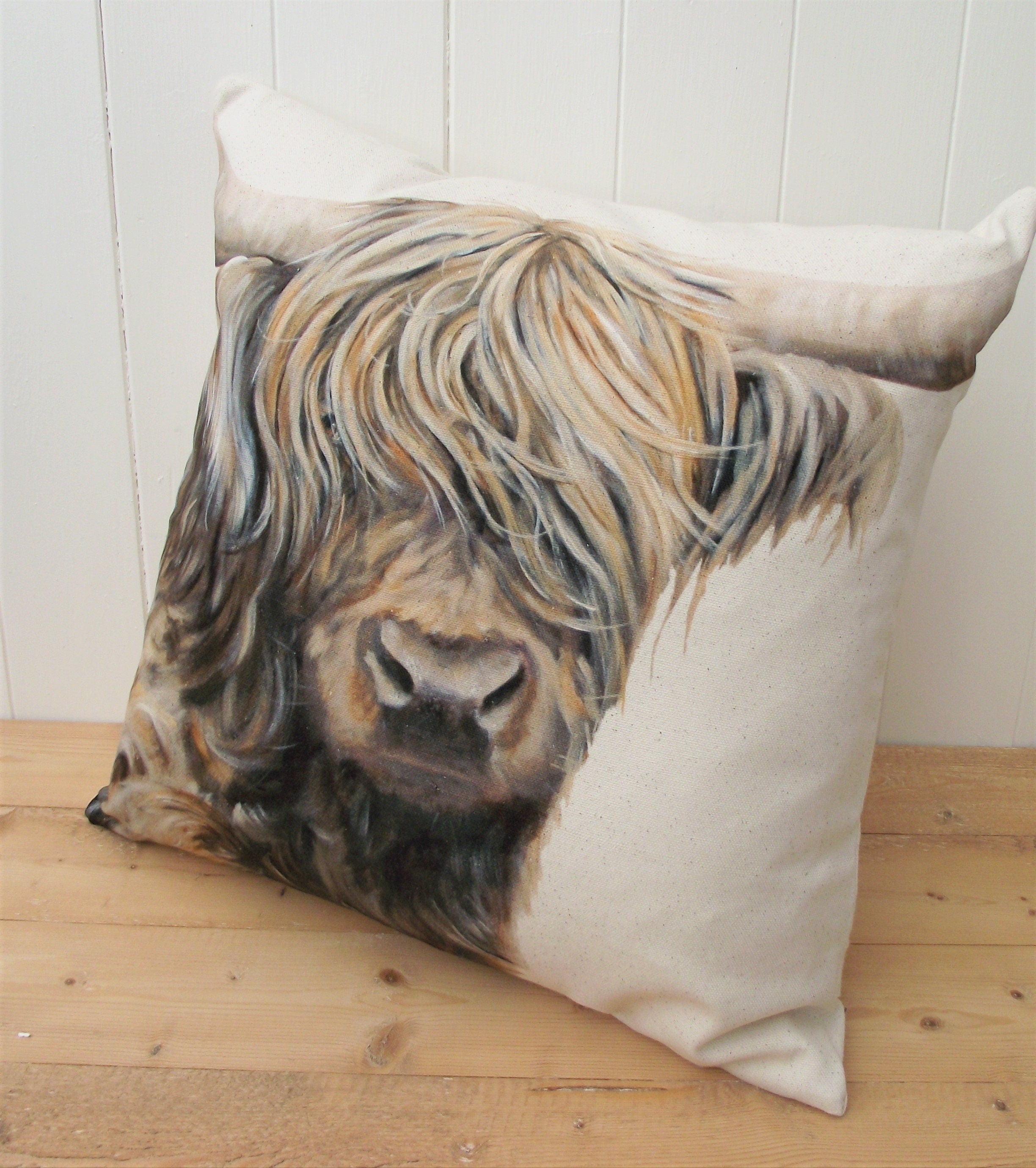 Highland Cow Art Print Cushion: Organic Cotton Wendy Darker Artwork, Choice of Cover Only or Cover + Pad