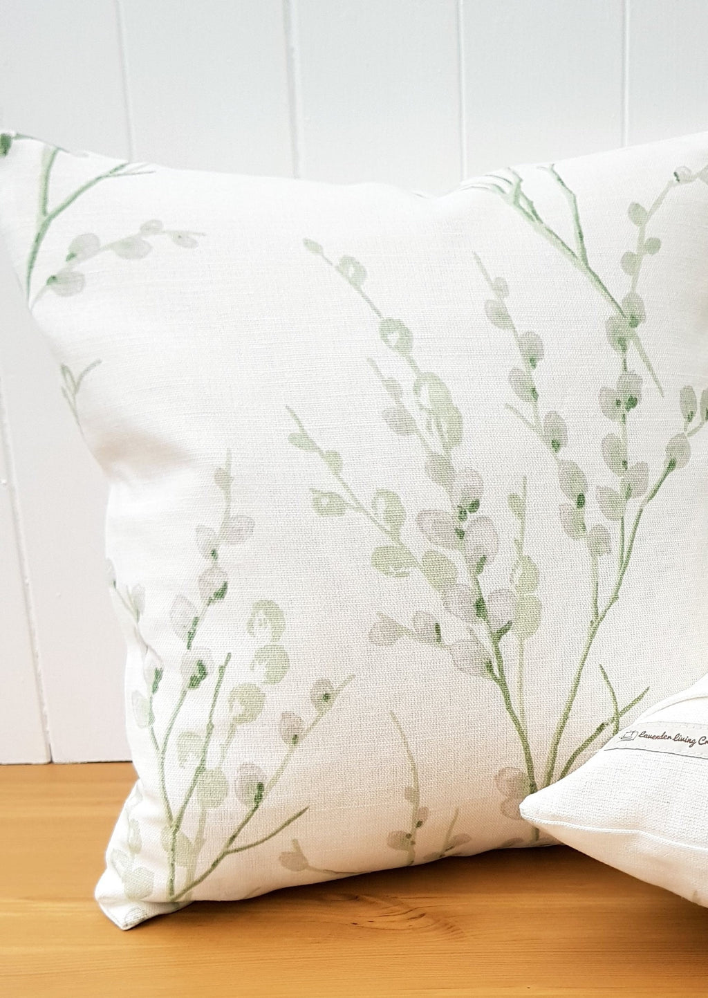 Laura Ashley Green Pussy Willow Cushion, 18" by 12" Floral Hedgerow Pillow, backed in Austen Off White, Handmade with a Zip Fastening