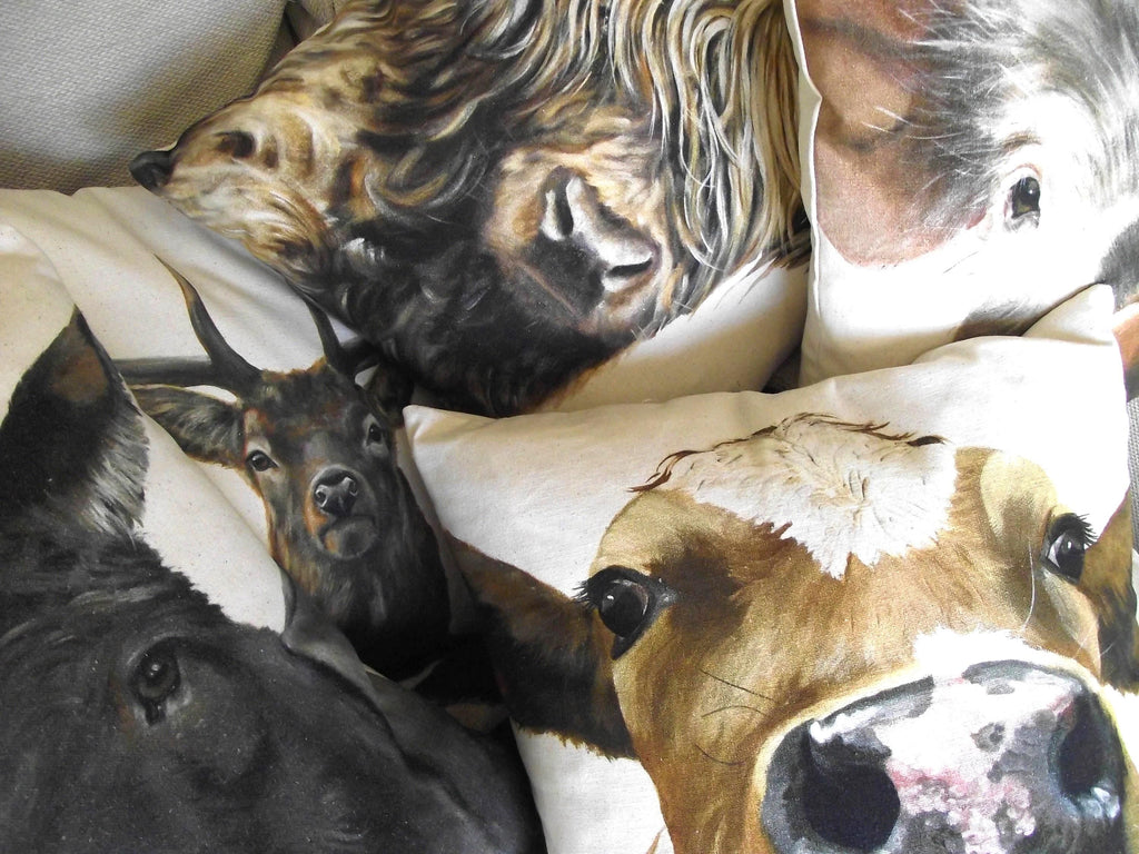 Highland Cow Art Print Cushion: Organic Cotton Wendy Darker Artwork, Choice of Cover Only or Cover + Pad