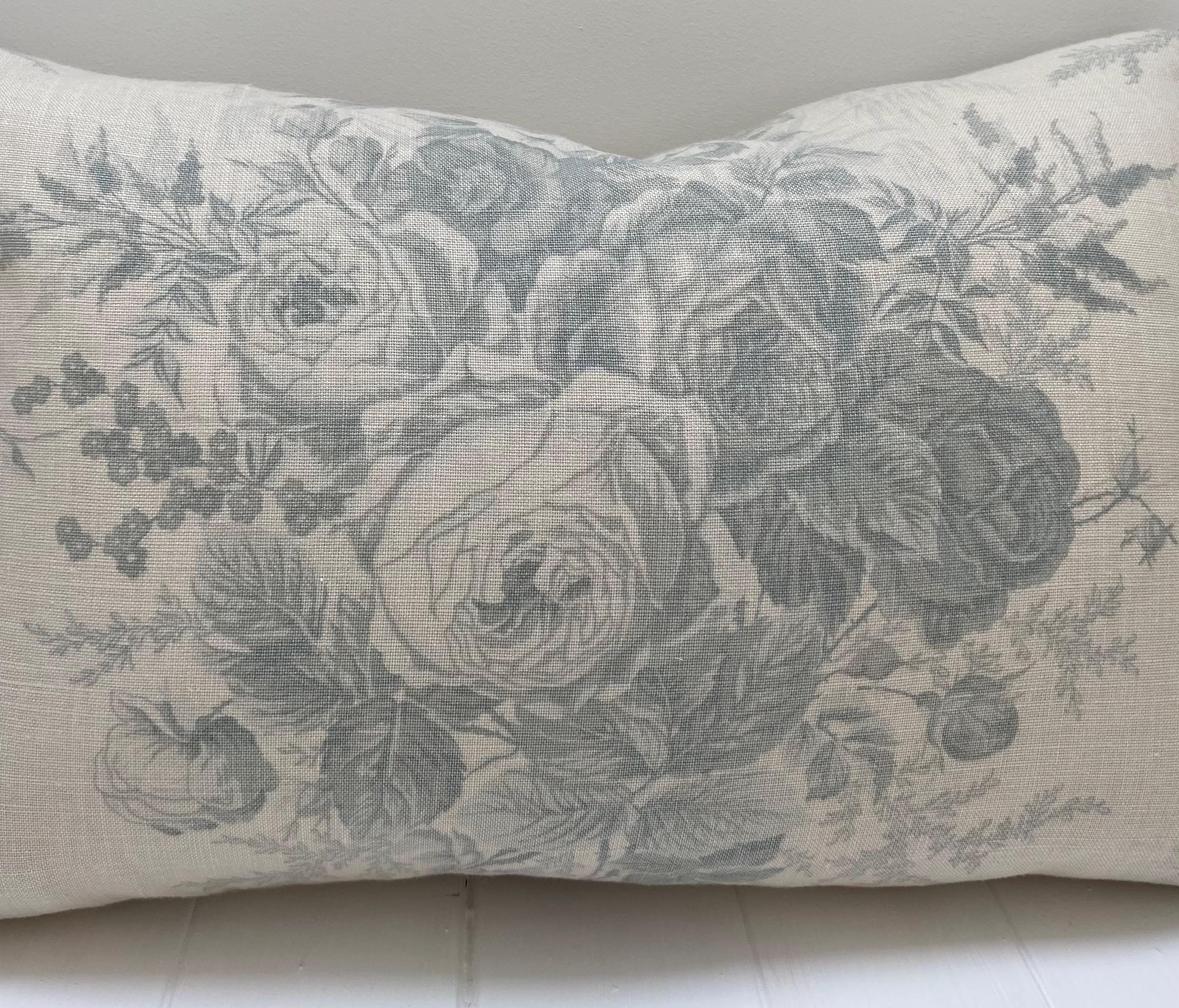 Kate Forman Large Blue Roses Cushion, Pom Pom Edge, Handmade Including Feather Inner Pad, Size 55cm by 35cm.