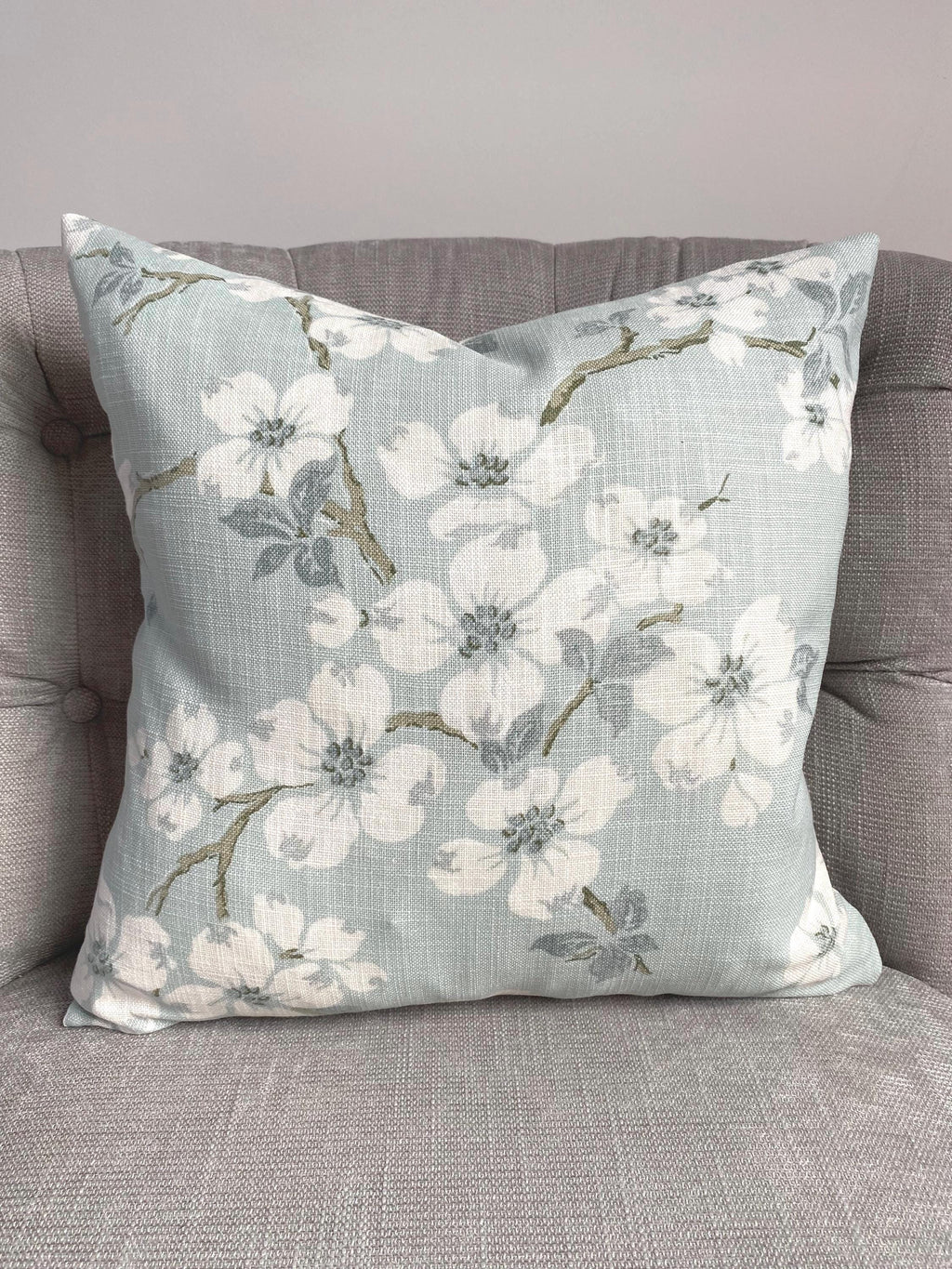 Handmade Laura Ashley Iona Duck Egg Cushion, Iona on both sides, 16"