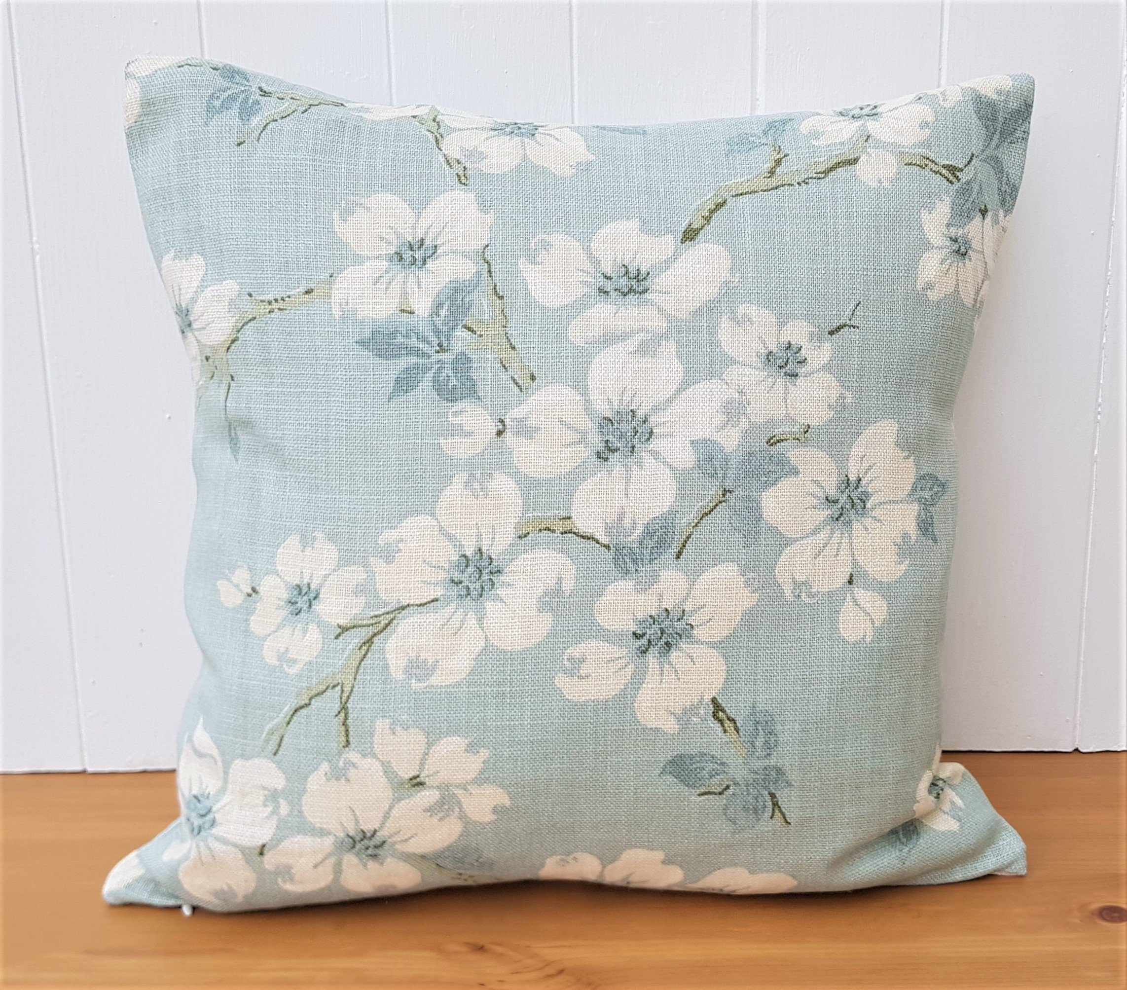 Handmade Laura Ashley Iona Duck Egg Cushion, Iona on both sides, 16"