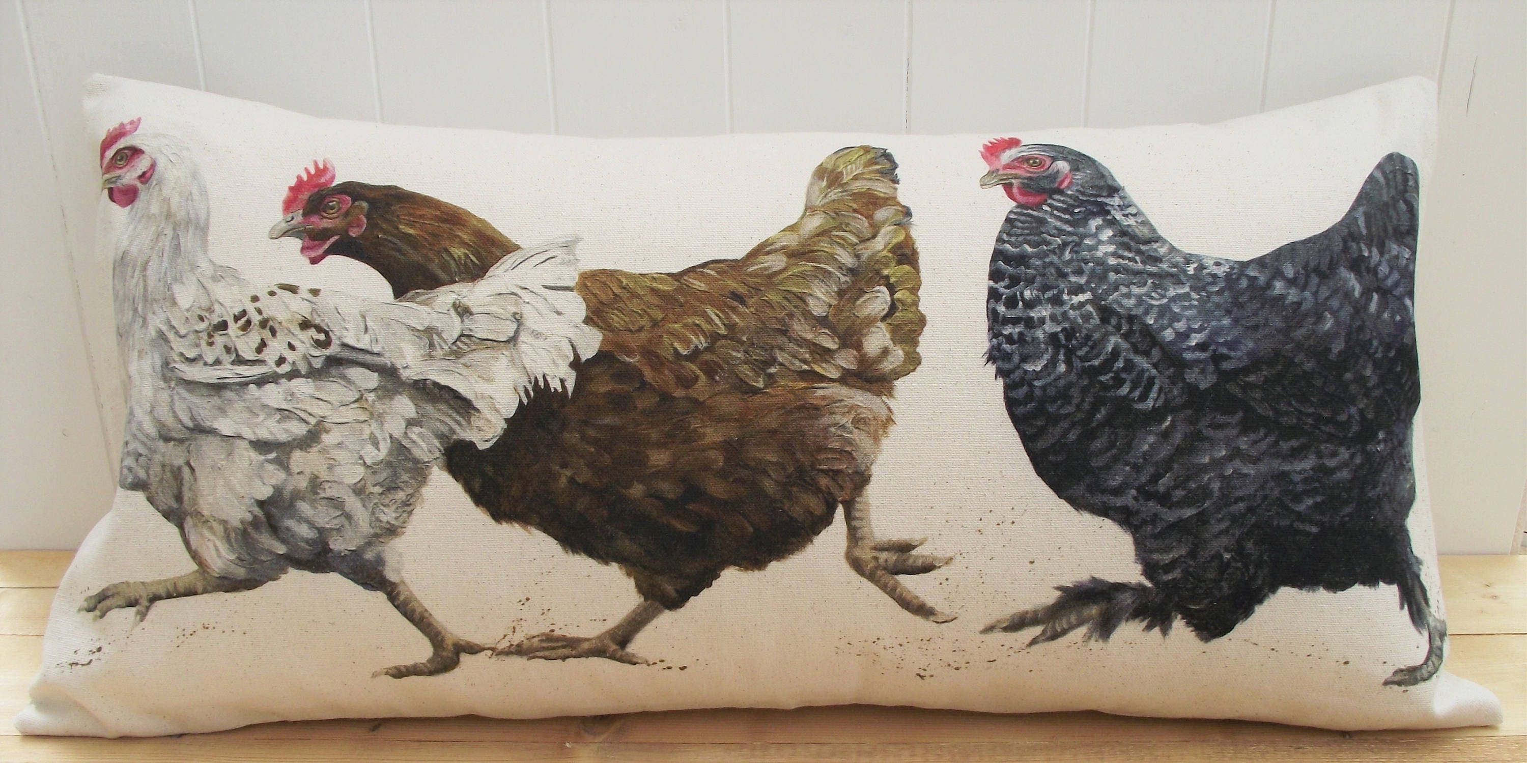 Chicken Run Rustic Cushion, Wendy Darker Art Print on Organic Cotton Fabric, Handmade Cushion with Zip Fastening.