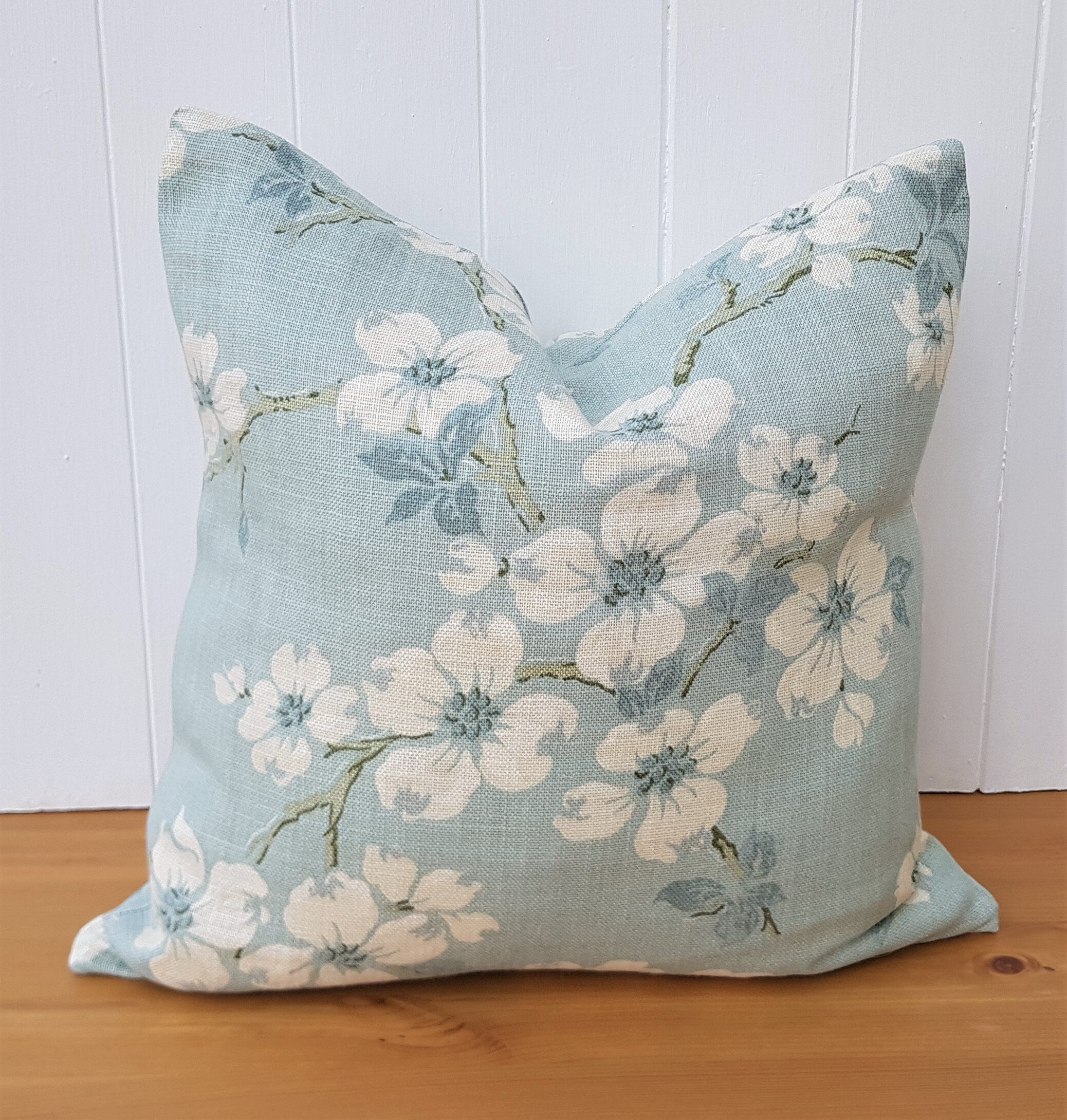 Handmade Laura Ashley Iona Duck Egg Cushion, Iona on both sides, 16"