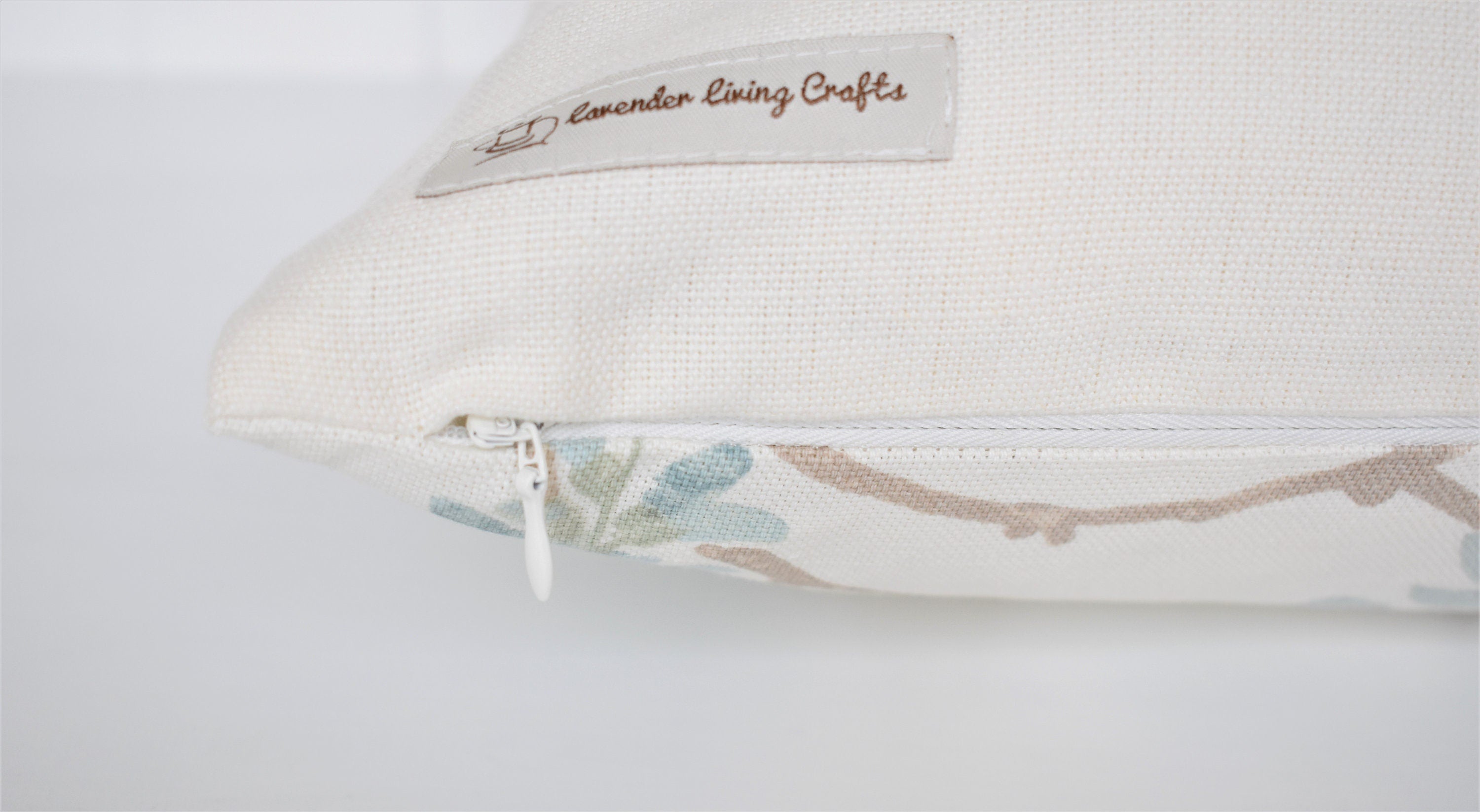 Laura Ashley Duck Egg Wisteria Cushion, backed with Laura Ashley Austen Off White, 16” Handmade with a Zip Fastening