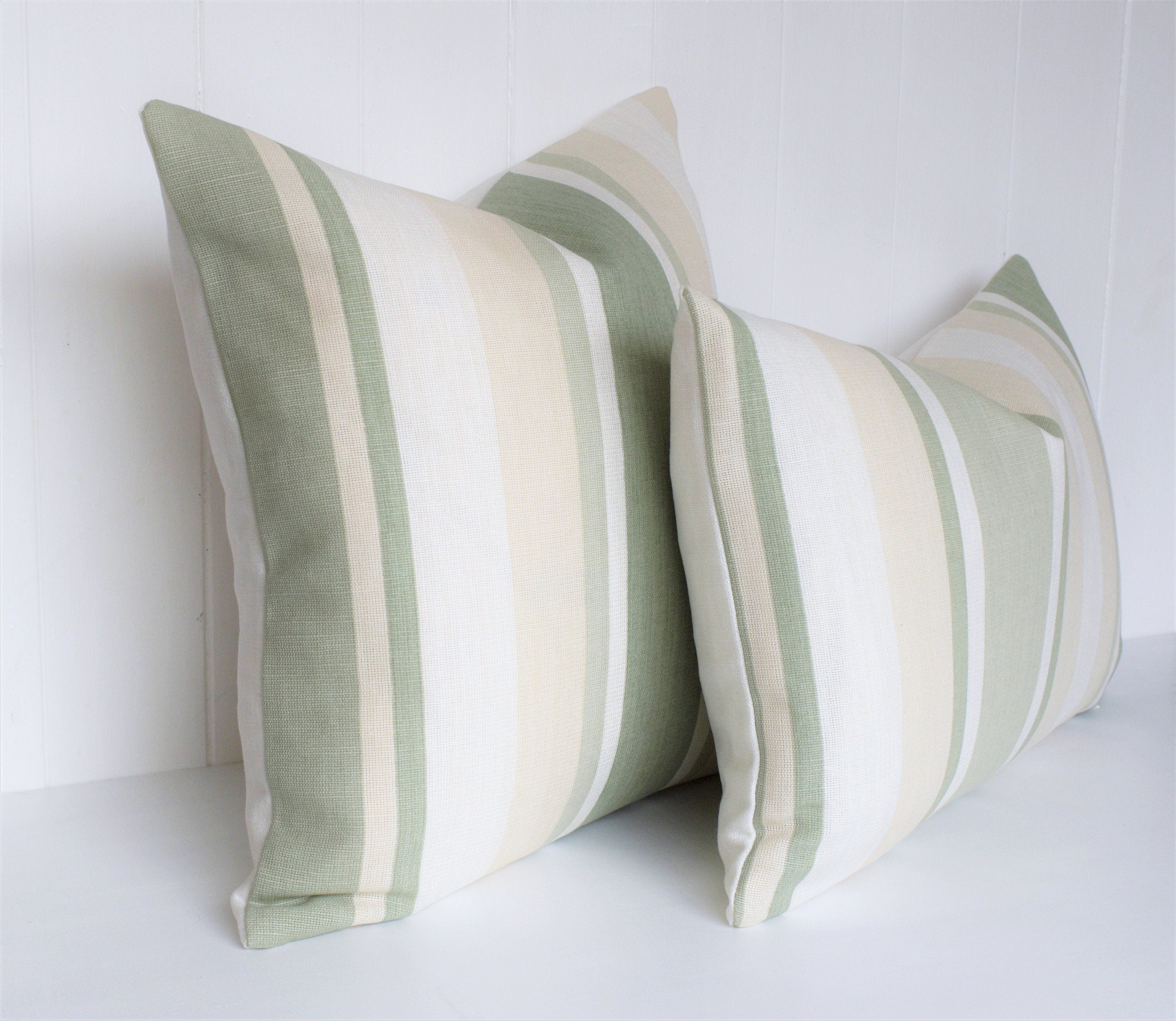 Laura Ashley Awning Stripe Cushion : Hedgerow Green, Linen Blend 18" by 12"