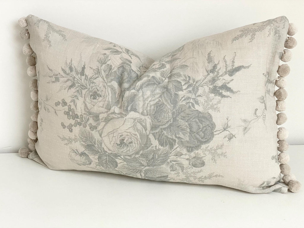 Kate Forman Large Blue Roses Cushion, Pom Pom Edge, Handmade Including Feather Inner Pad, Size 55cm by 35cm.