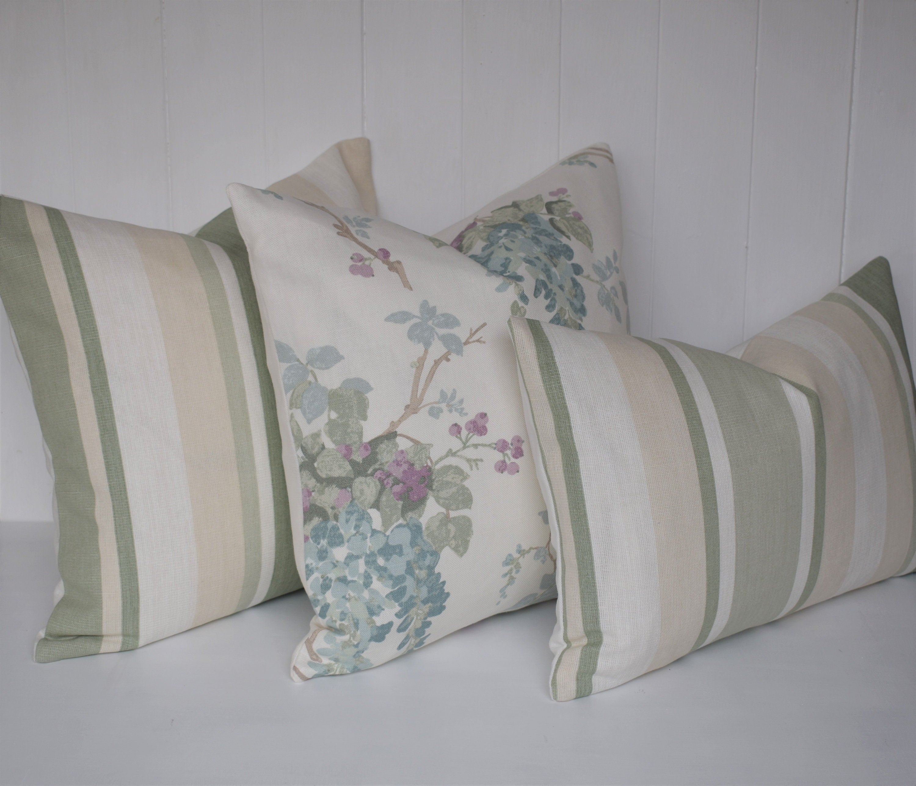 Laura Ashley Duck Egg Wisteria Cushion, backed with Laura Ashley Austen Off White, 16” Handmade with a Zip Fastening