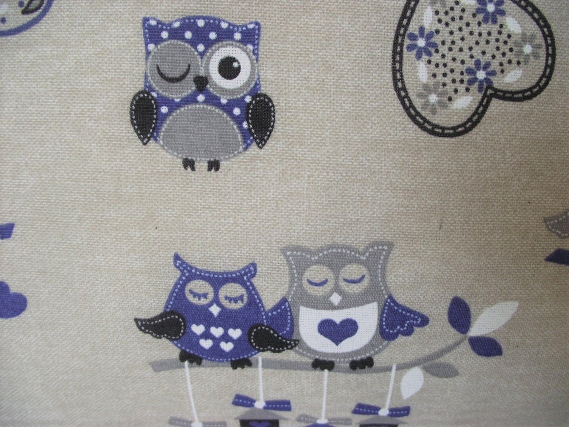 Owls Blue Cushion backed in Laura  Ashley Austen Natural fabric with Zip Fastening