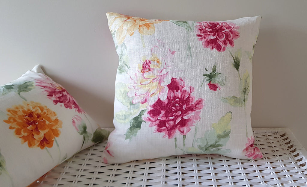 Laura Ashley Dahlia Floral Cushion, backed with Laura Ashley Off White fabric, Handmade with a zip fastening 16"