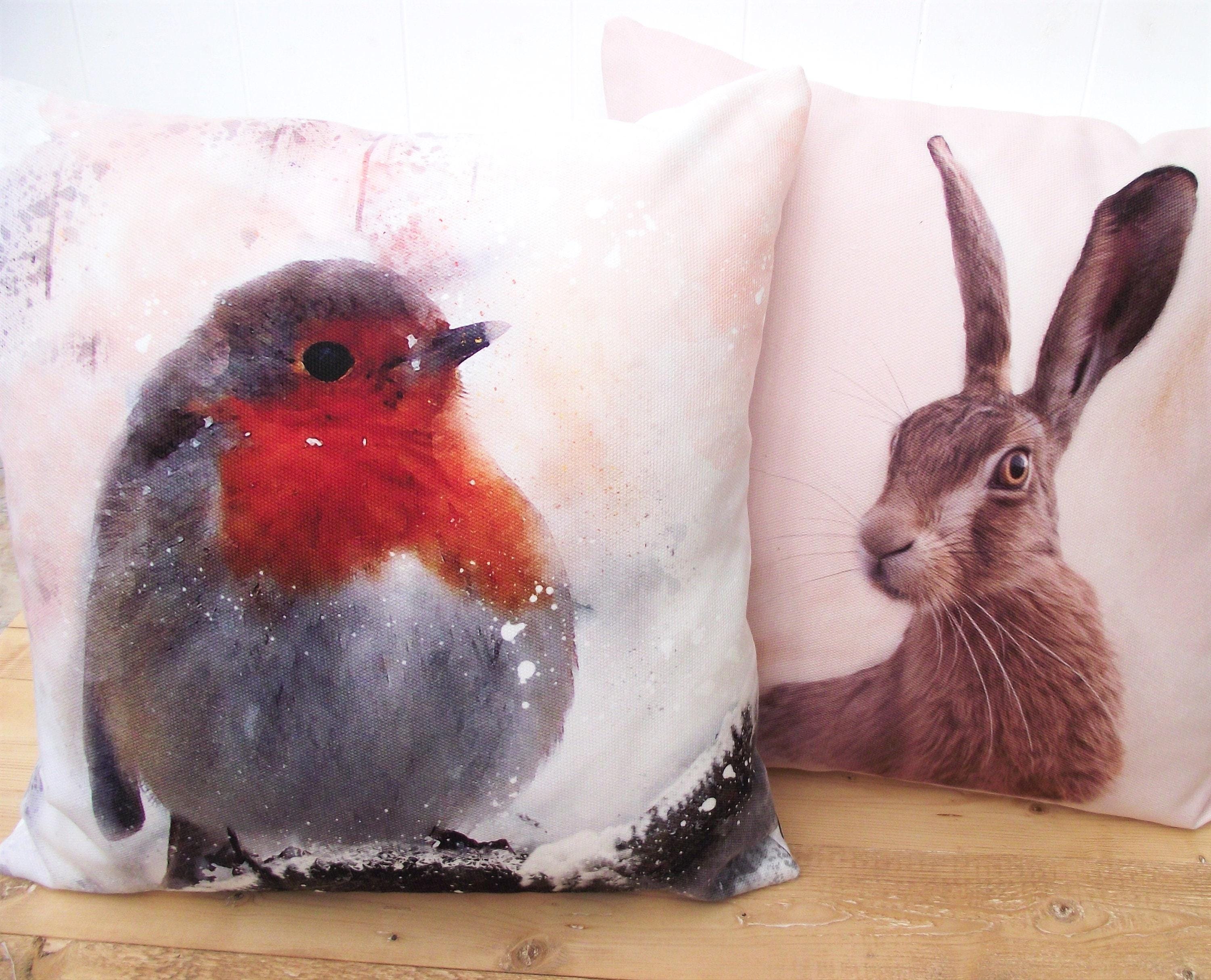 Rabbit Art Print Cushion: Handmade Bunny Pillow, Choice of Cover or Cover with Pad.