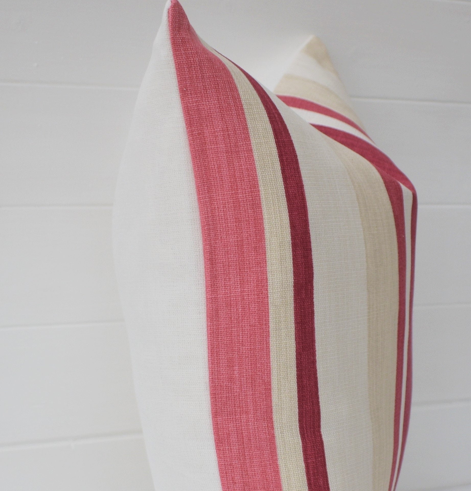 Laura Ashley Awning Stripe Cushion : Handmade in Pale Cranberry with a Zip Fastening 17” by 12”