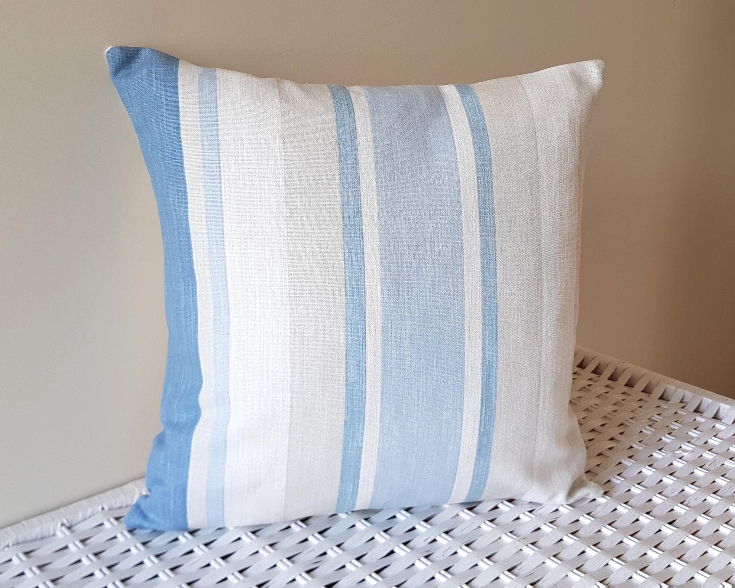 Handmade Laura Ashley Awning Stripe Seaspray Cushion : 15” Blue Stripes Pillow with Zip Fastening