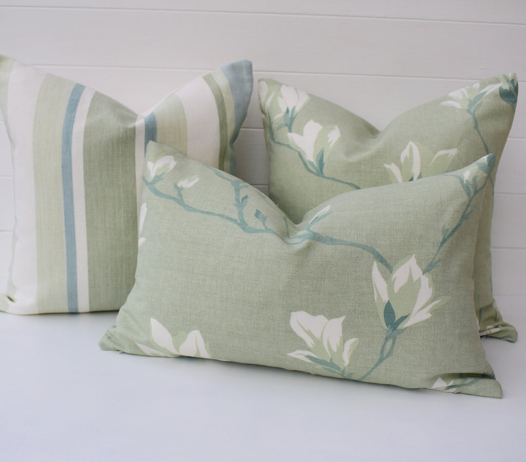 Magnolia Hedgerow Green Cushion, Handmade with Pattern on Both sides and Zip Fastening 18" by 12"