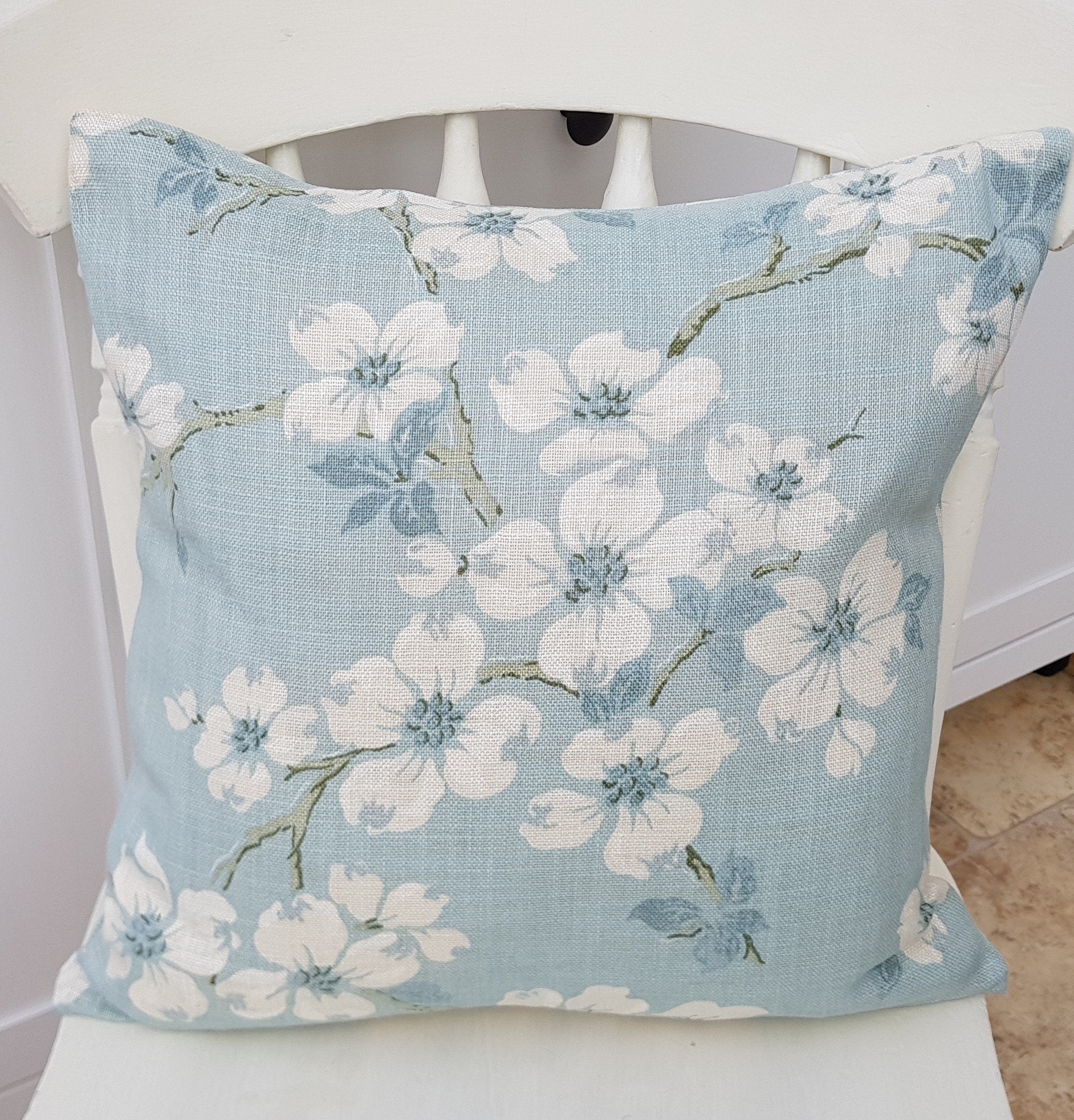 Handmade Laura Ashley Iona Duck Egg Cushion, Iona on both sides, 16"