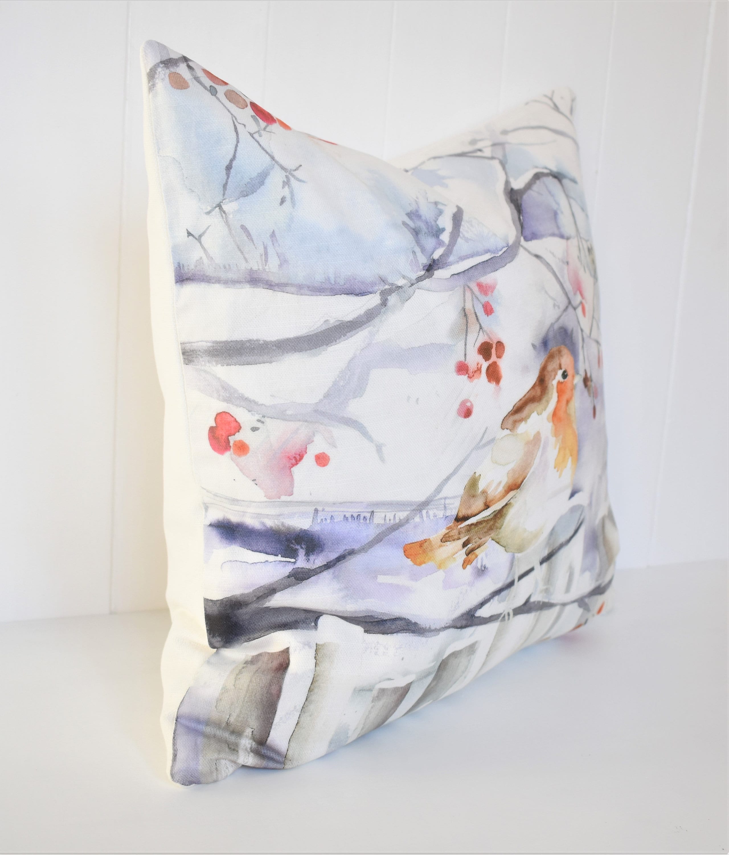 Handmade Winter Robin Cushion: Voyage Maison Watercolor Print, Laura Ashley Back