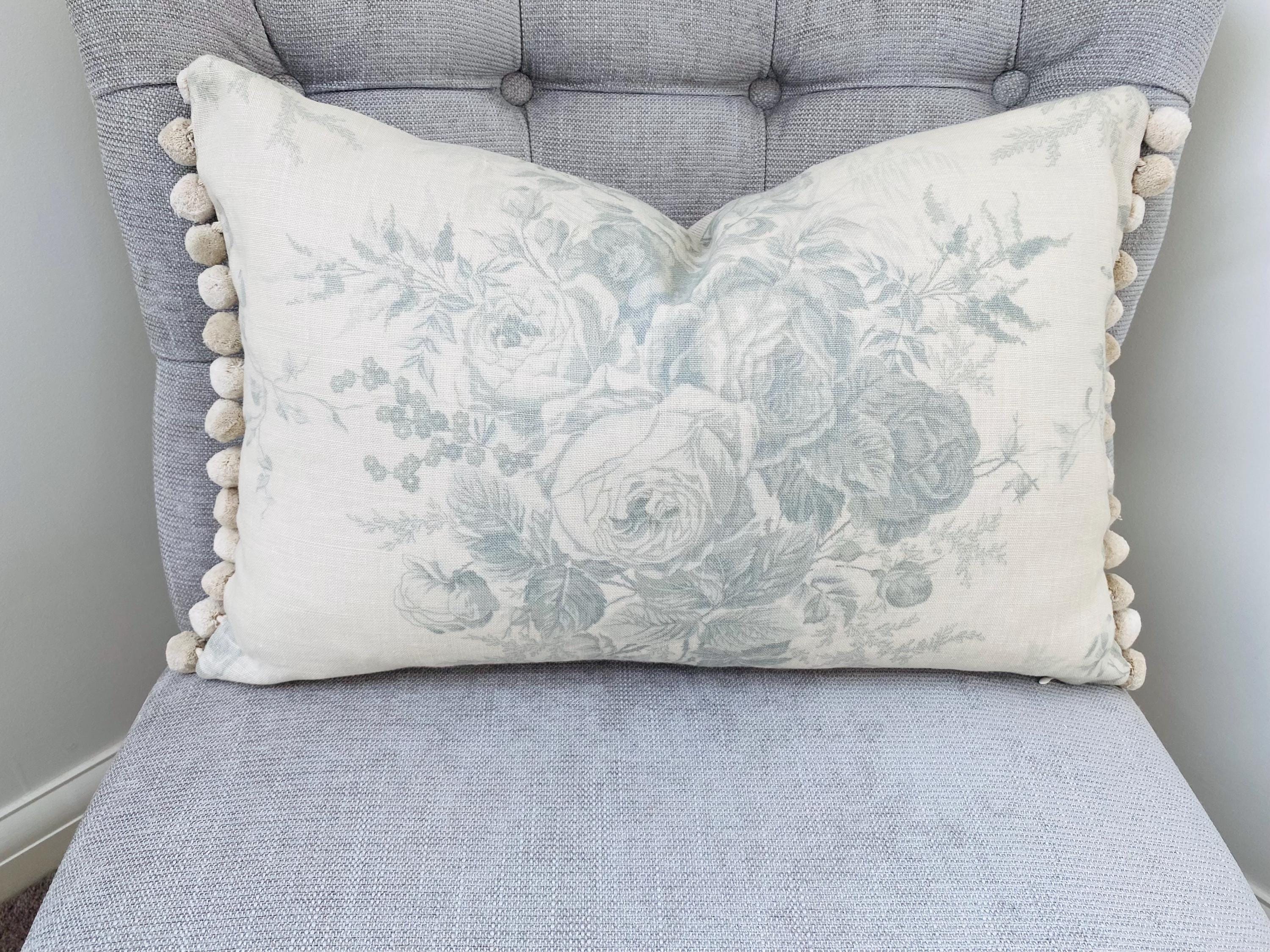 Kate Forman Large Blue Roses Cushion, Pom Pom Edge, Handmade Including Feather Inner Pad, Size 55cm by 35cm.
