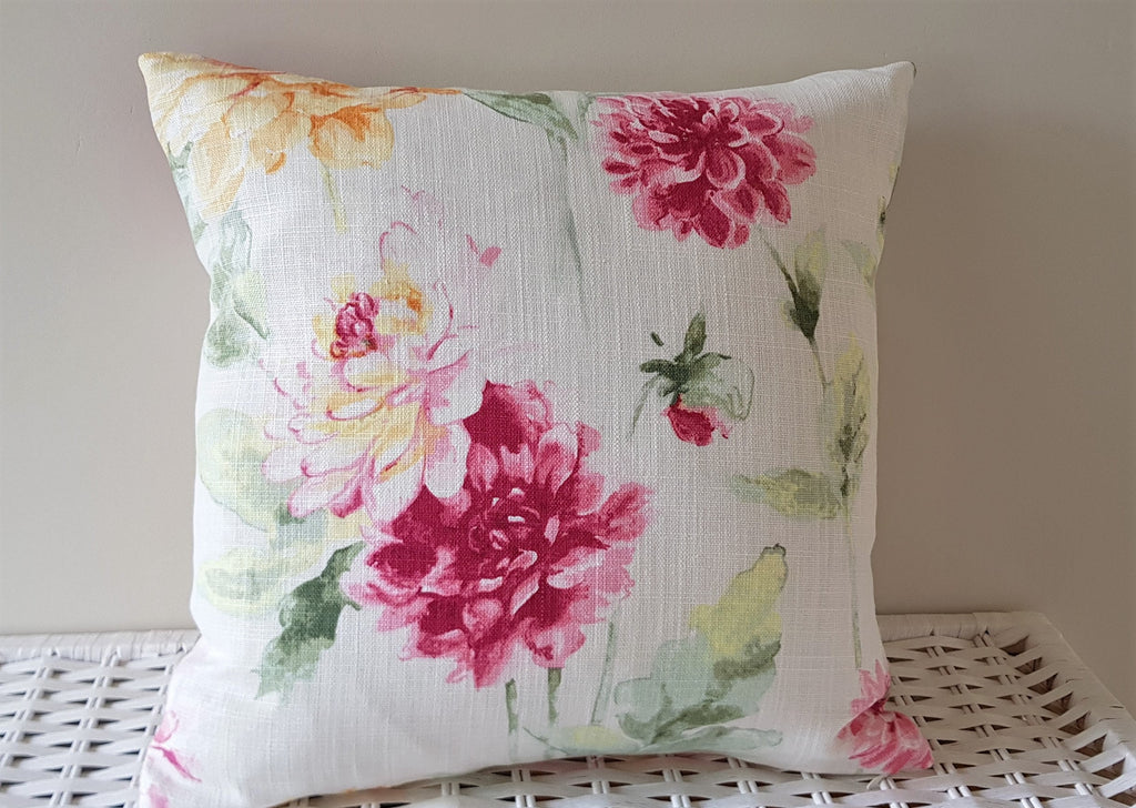 Laura Ashley Dahlia Floral Cushion, backed with Laura Ashley Off White fabric, Handmade with a zip fastening 16"