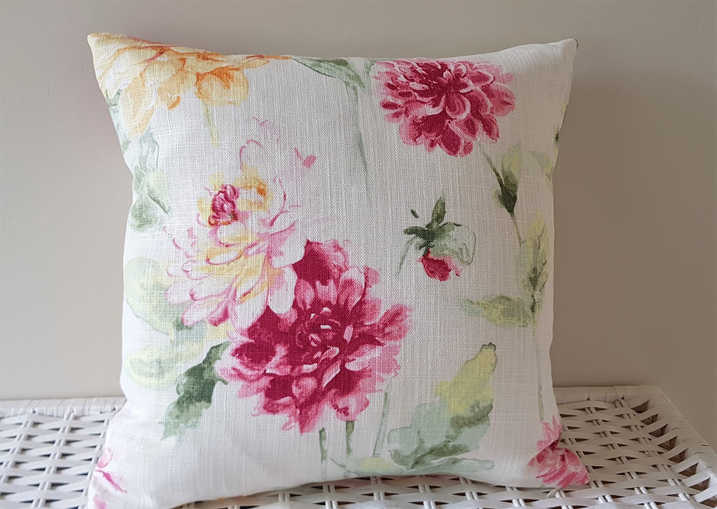 Laura Ashley Dahlia Floral Cushion, backed with Laura Ashley Off White fabric, Handmade with a zip fastening 16"