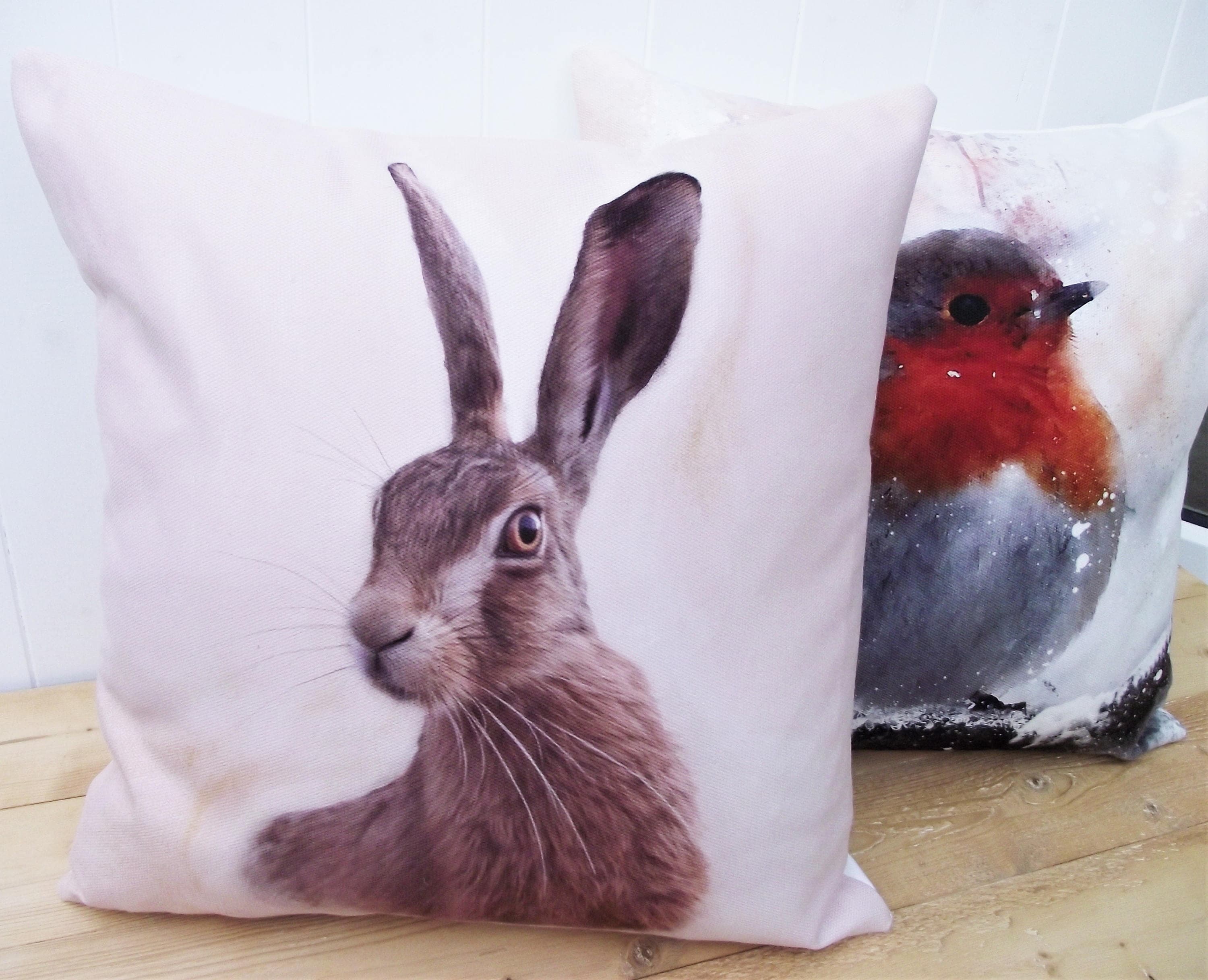 Hare Cushion, Handmade using Print by UK Artists, Choice of Cover Only or Cover with Inner Pad