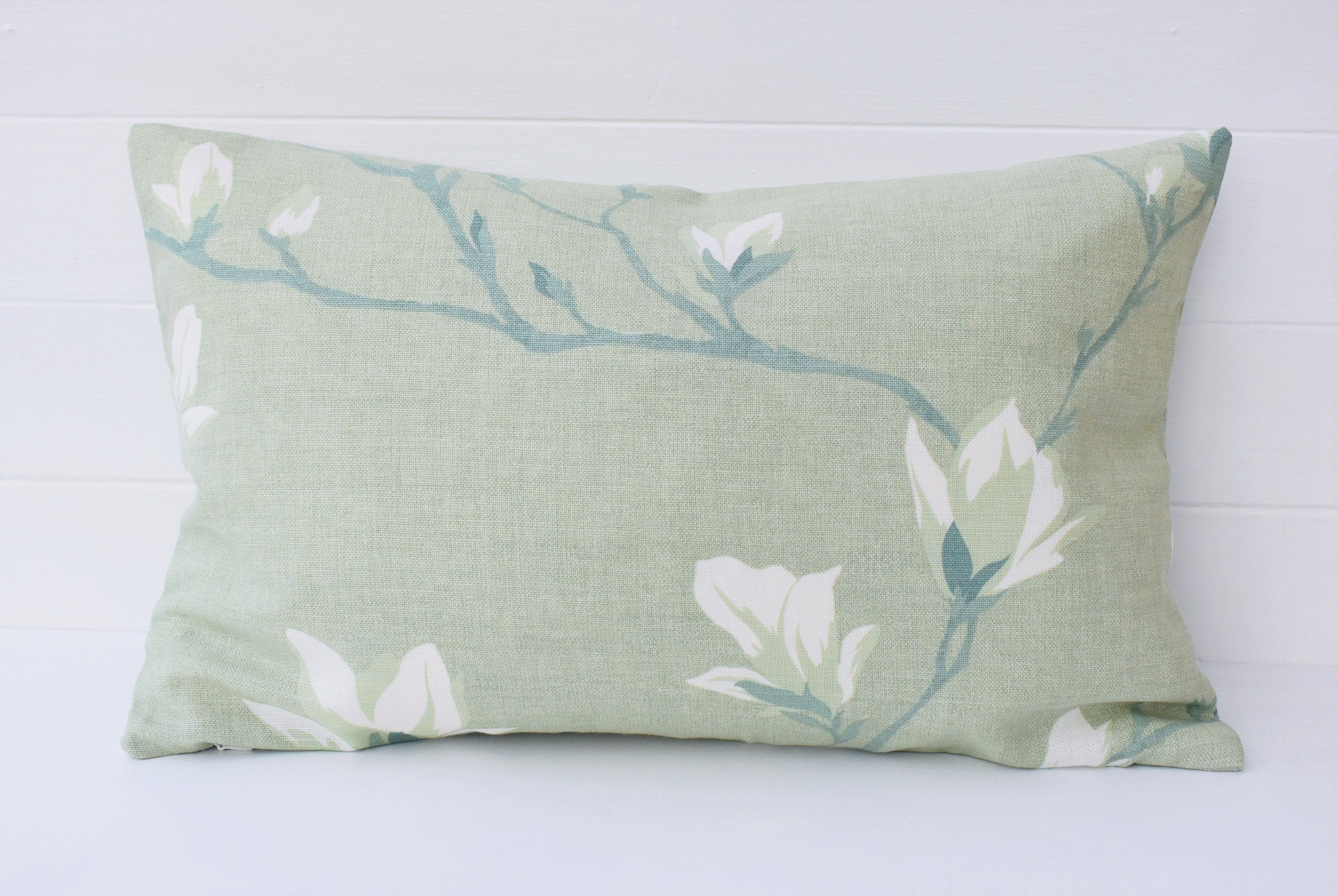 Magnolia Hedgerow Green Cushion, Handmade with Pattern on Both sides and Zip Fastening 18" by 12"