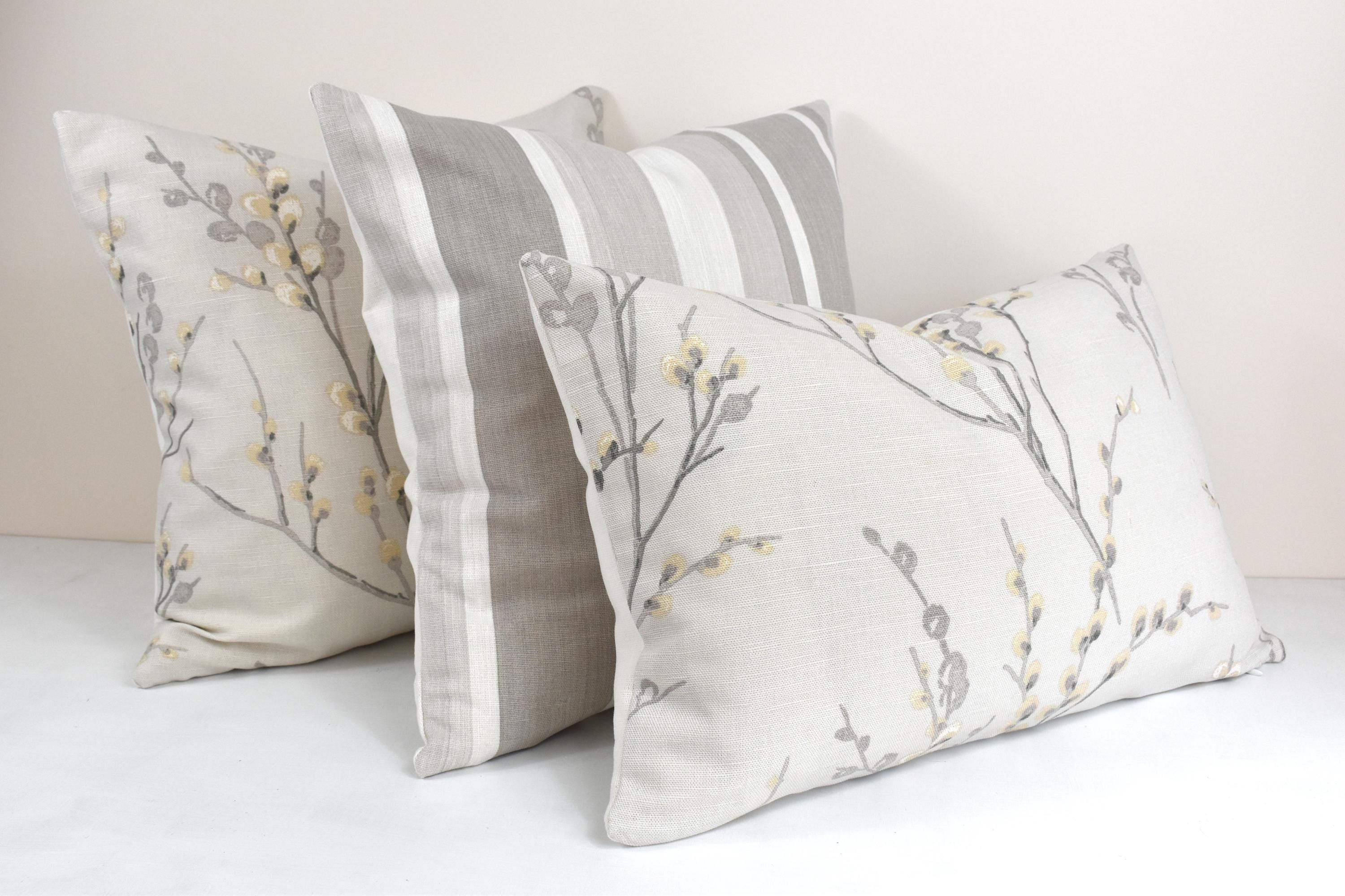 Laura Ashley Dove Grey Pussy Willow Cushion, 18" by 12" Floral Pillow, backed in Austen Off White, Handmade with a Zip Fastening