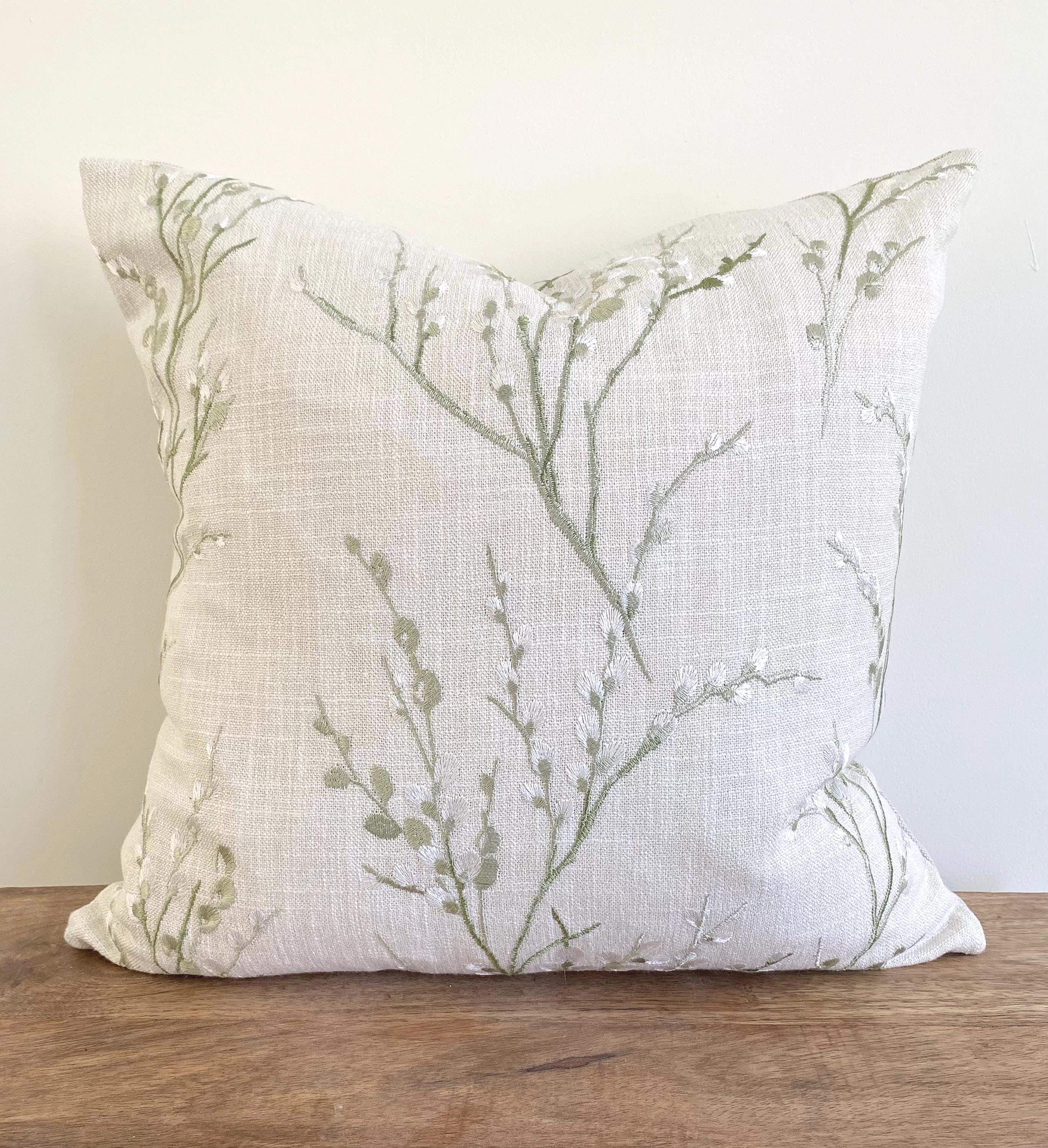 Laura Ashley Pussy Willow Cushion, Handmade in Embroidered Green Floral Hedgerow,16"