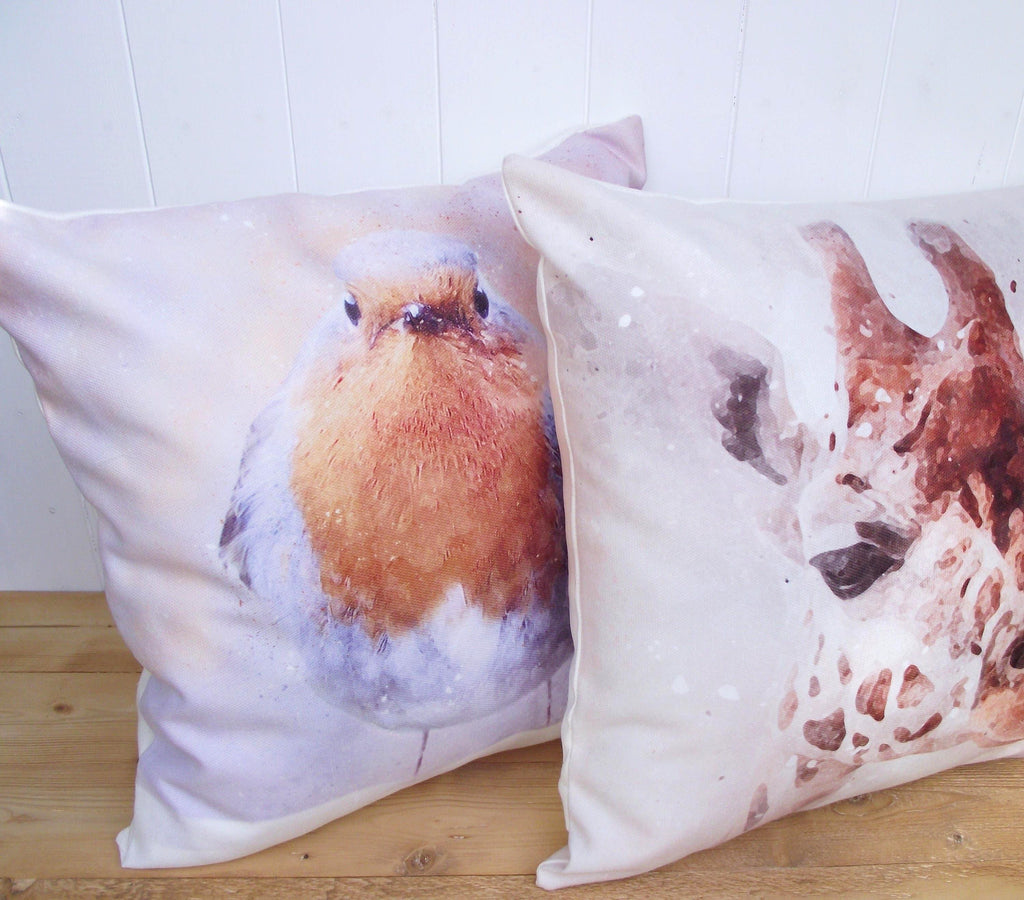 Winter Robin Cushion, Artist Watercolour Print Bird Pillow, Cover Only or Cover + Pad