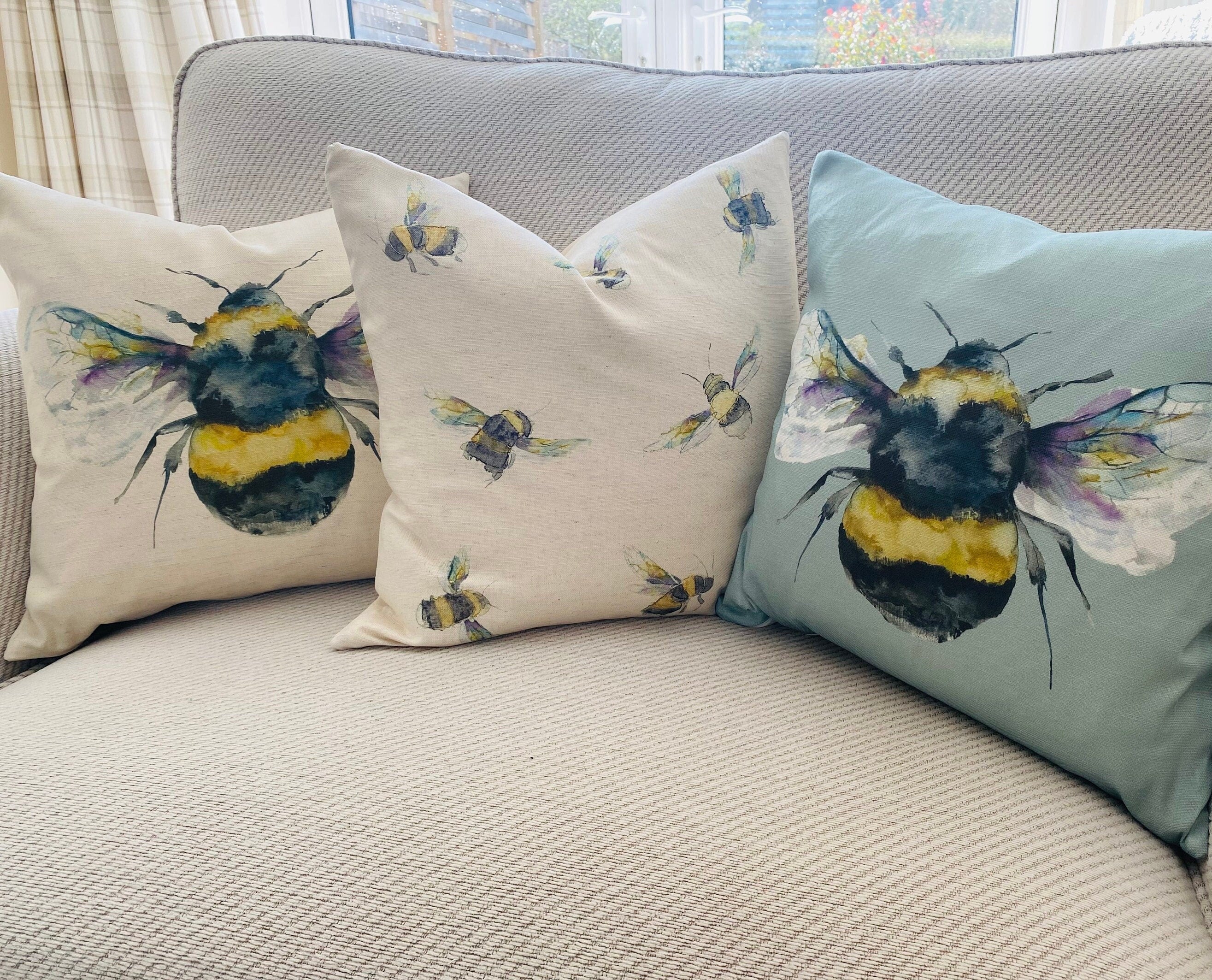 Handmade Bee Cushion : Voyage Maison Duck Egg Green, Laura Ashley Backing