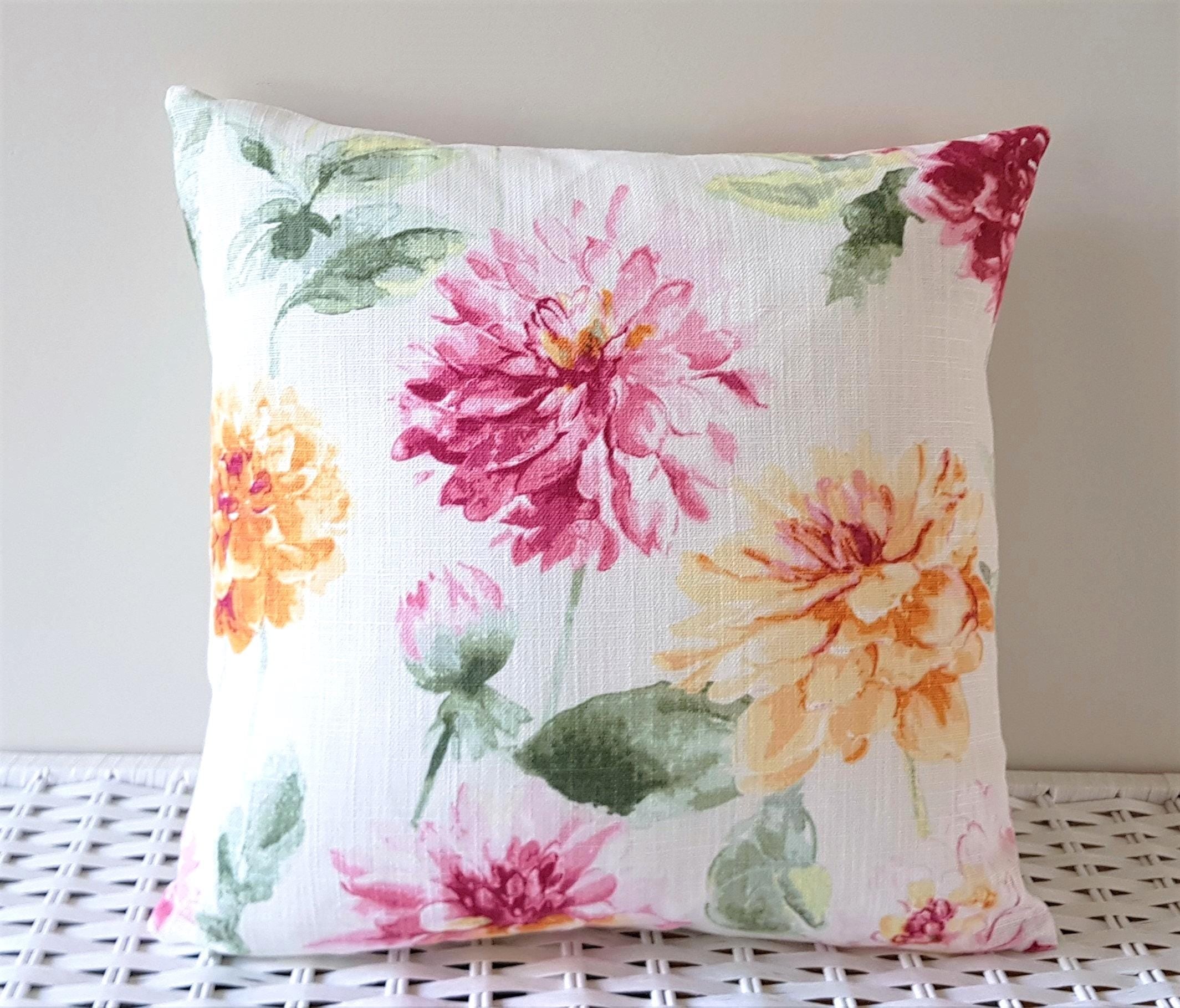 Laura Ashley Dahlia Floral Cushion, backed with Laura Ashley Off White fabric, Handmade with a zip fastening 16"