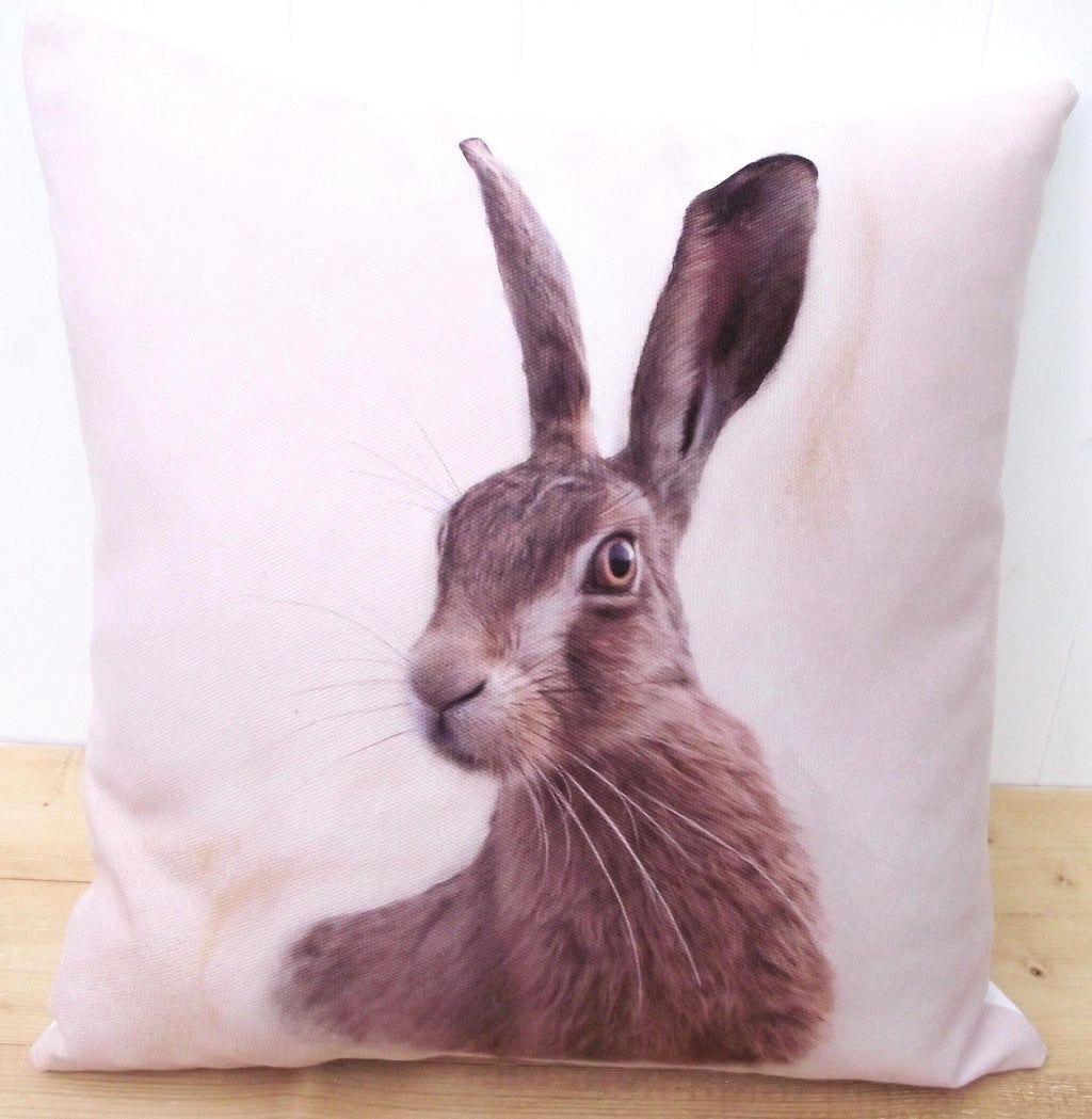 Hare Cushion, Handmade using Print by UK Artists, Choice of Cover Only or Cover with Inner Pad