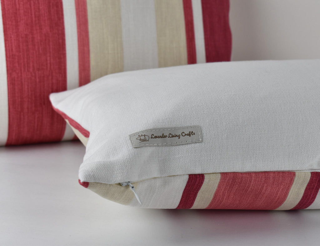 Laura Ashley Awning Stripe Cushion : Handmade in Pale Cranberry with a Zip Fastening 17” by 12”