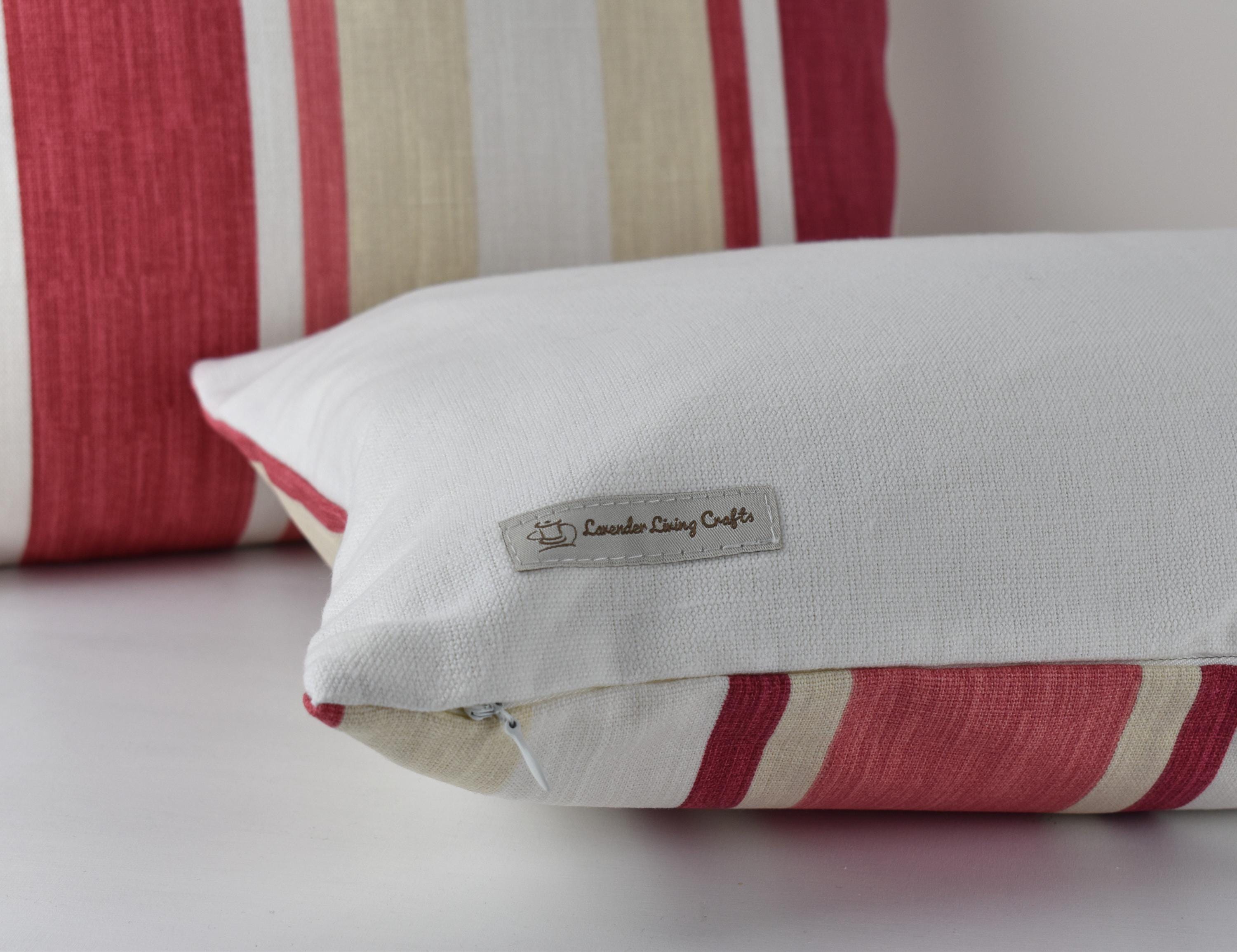 Laura Ashley Awning Stripe Cushion : Handmade in Pale Cranberry with a Zip Fastening 17” by 12”